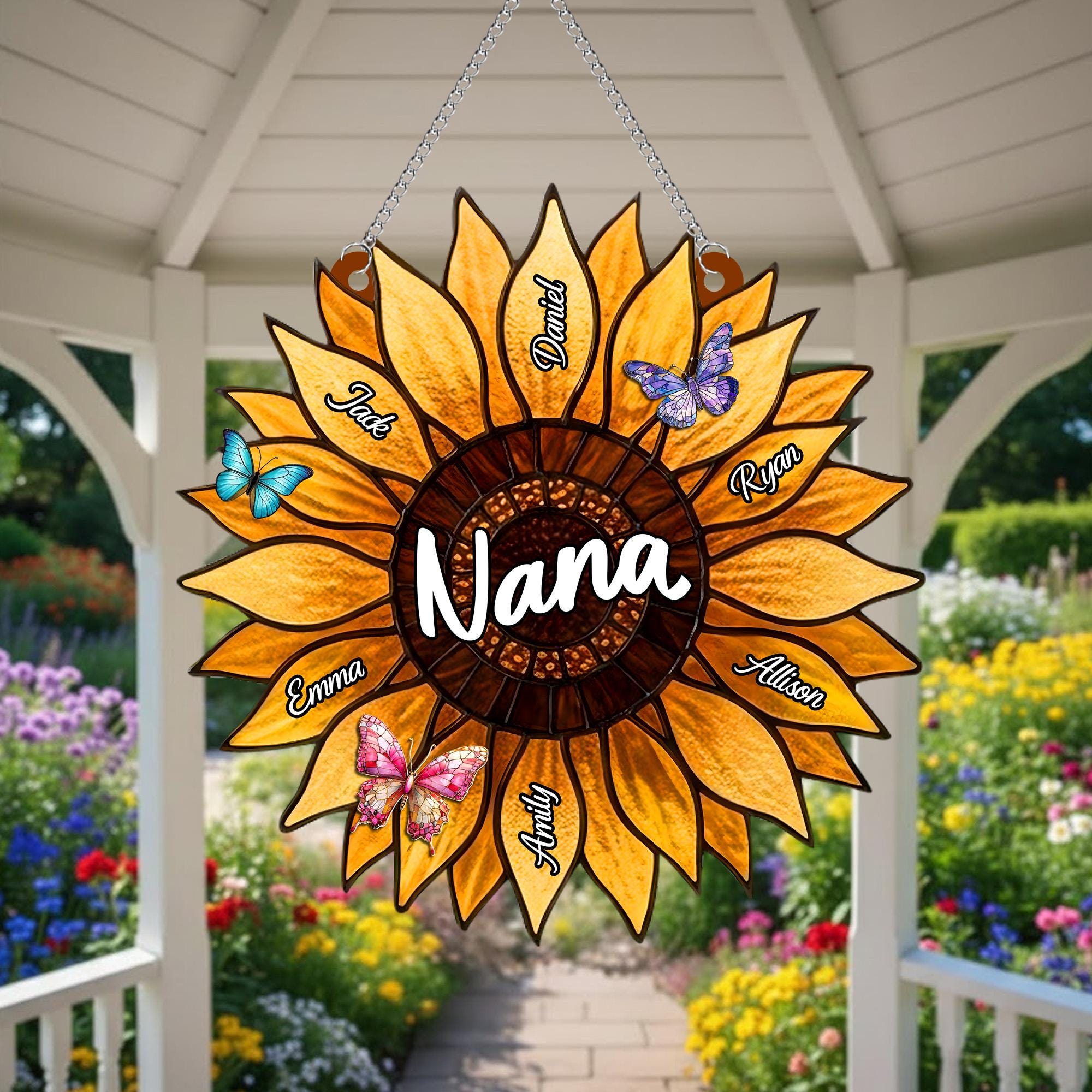 Personalized Sunflower Suncatcher for Nana Grandma, Stained Glass Window Hanging, Family Sunflower Mother's Day Gift, Birthday Gift for Mom