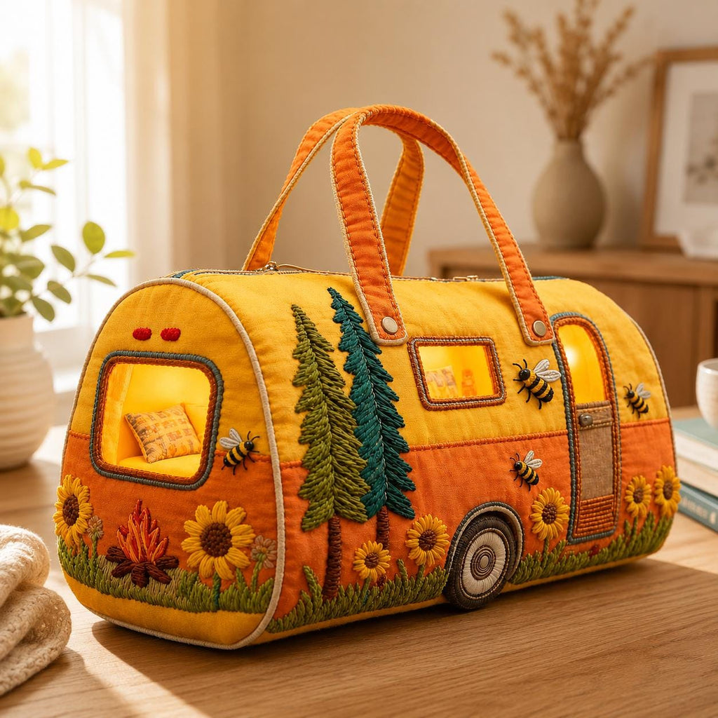 Quilted Camping Trailer Duffle Bag, Cozy Camping Weekender Bag, Sunflower Bee Travel Tote, Forest Glamping Overnight Bag Gift