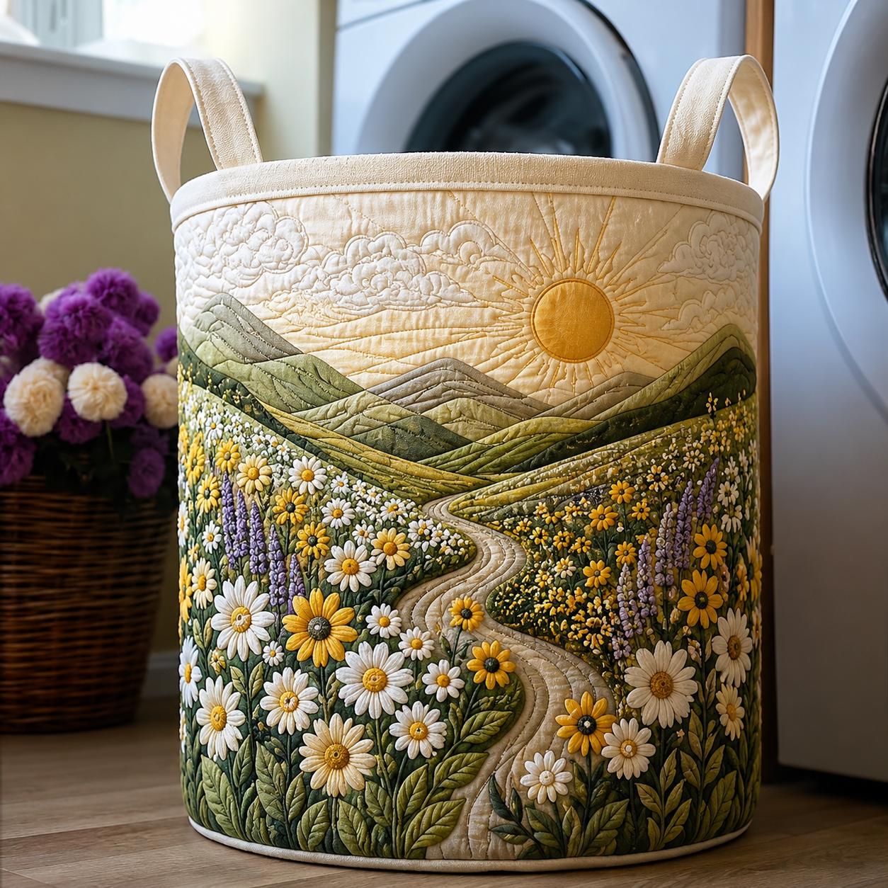 Daisy Meadow Quilted Laundry Basket_ Floral Lover Clothes Hamper, Mother's Day Gift Idea