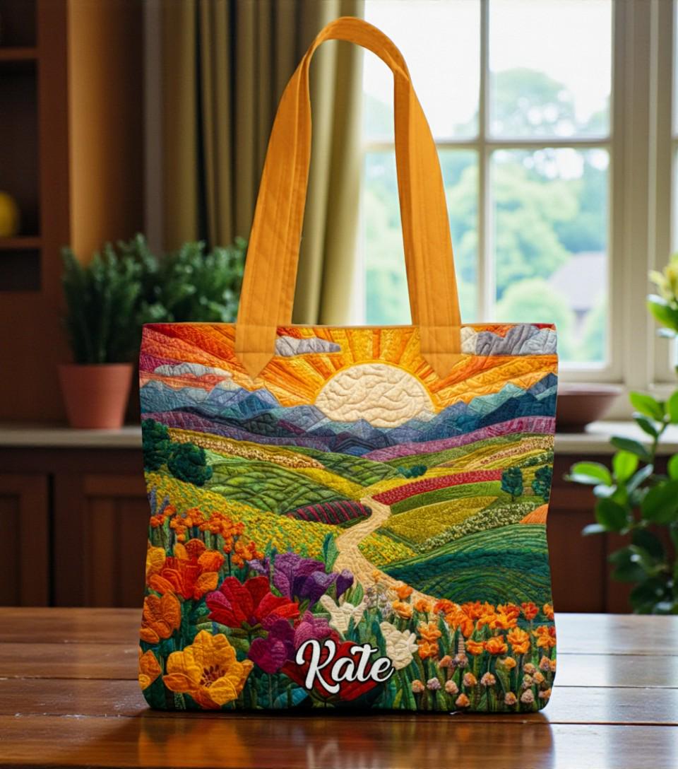 Personalized Sunrise Quilt Tote Bag, Colorful Mountain Landscape Tote Bag, Custom Name Nature Quilt Tote Bag, Cozy Gift for Nature Lovers