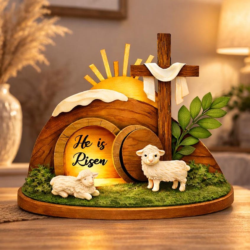 He is Risen 2D FLAT Wooden Standing Decor, Empty Tomb Resurrection Scene, Christian Easter Tabletop Display, Faith Home Shelf Art