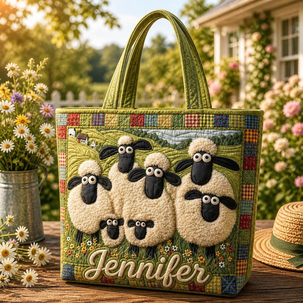 Personalized Cartoon Sheep Quilt Tote Bag, Custom Funny Sheep Tote, Cute Farm Animal Bag, Quilted Shoulder Bag, Handbag for Animal Lover