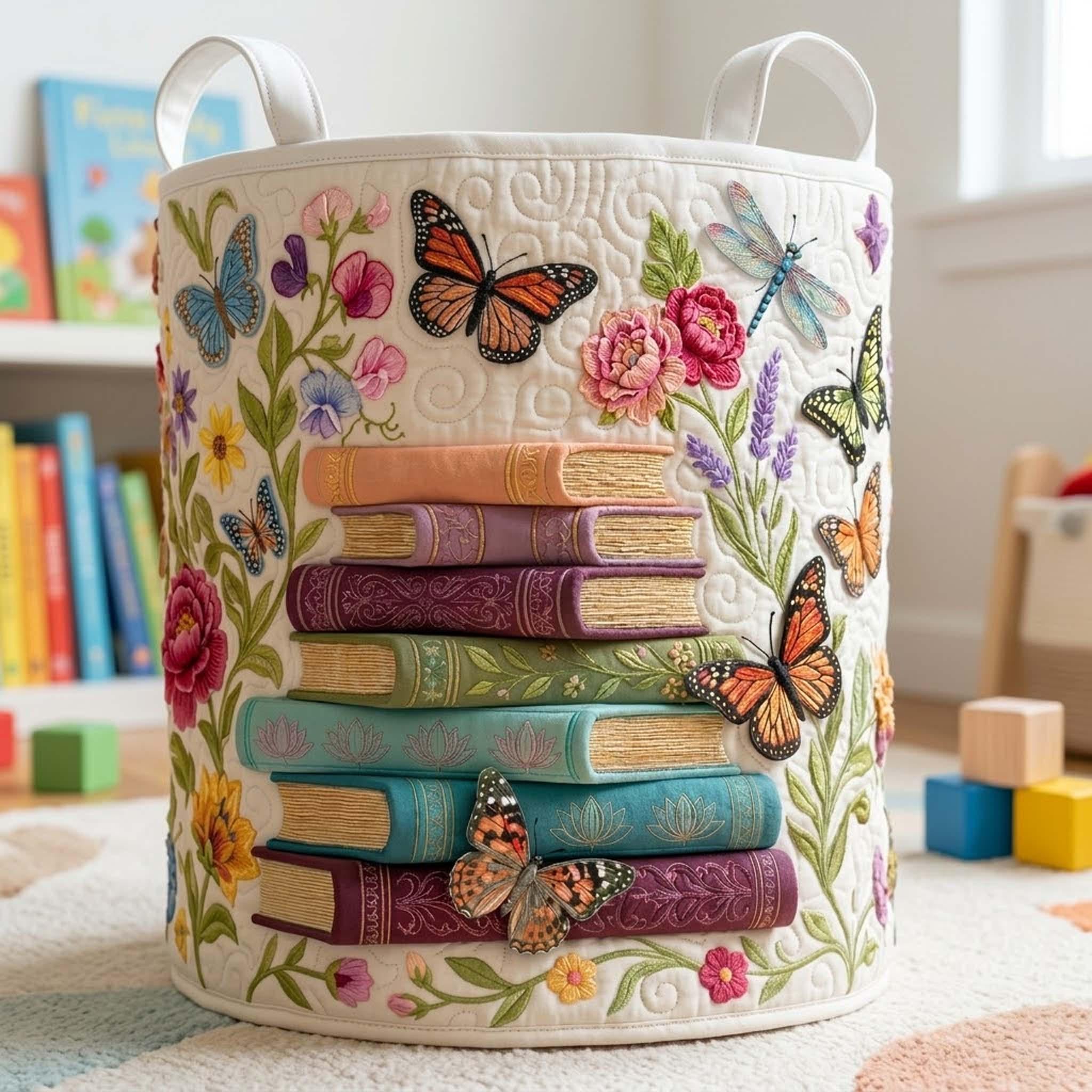 Butterflies Bookstack Quilted Laundry Basket_ Bookish Hamper, Book Lover Storage Bin