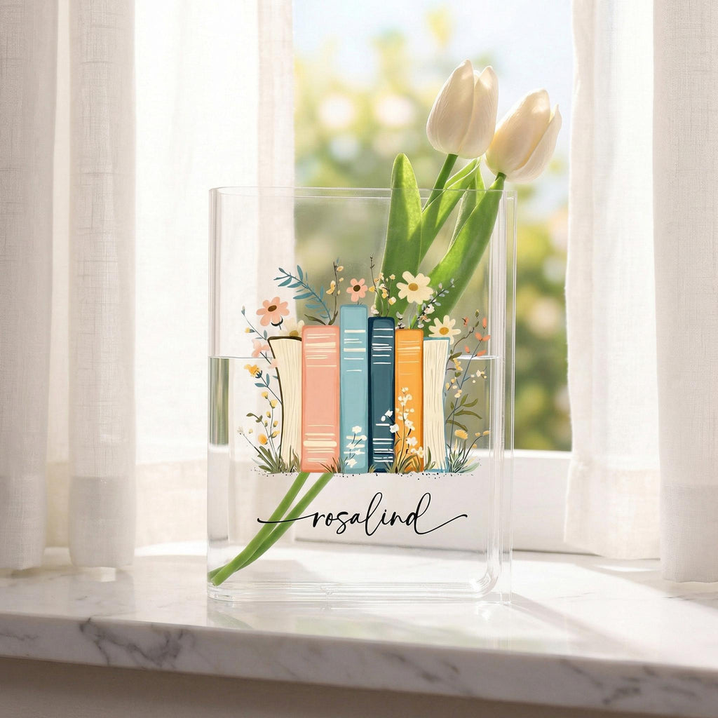 Colorful Book Stack Acrylic Book Vase, Floral Bookshelf Bookish Vase, Floral Book Shaped Vase, Flowers and Books,custom Gift for Book Lovers