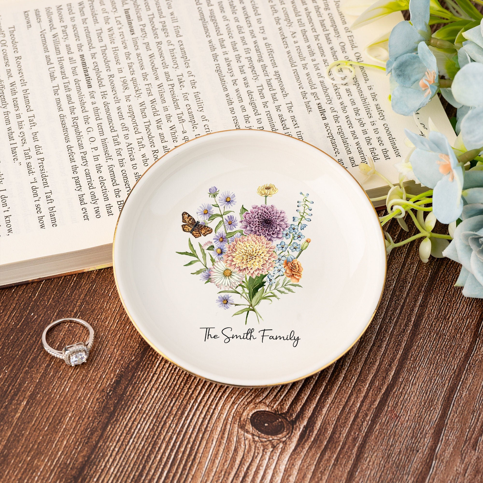 Personalized Birth Flower Jewelry Dish,family Flower Bouquet Ring Dish,wedding Gifts,birthday Jewelry Dish Gift for Mom,bridesmaid Gifts