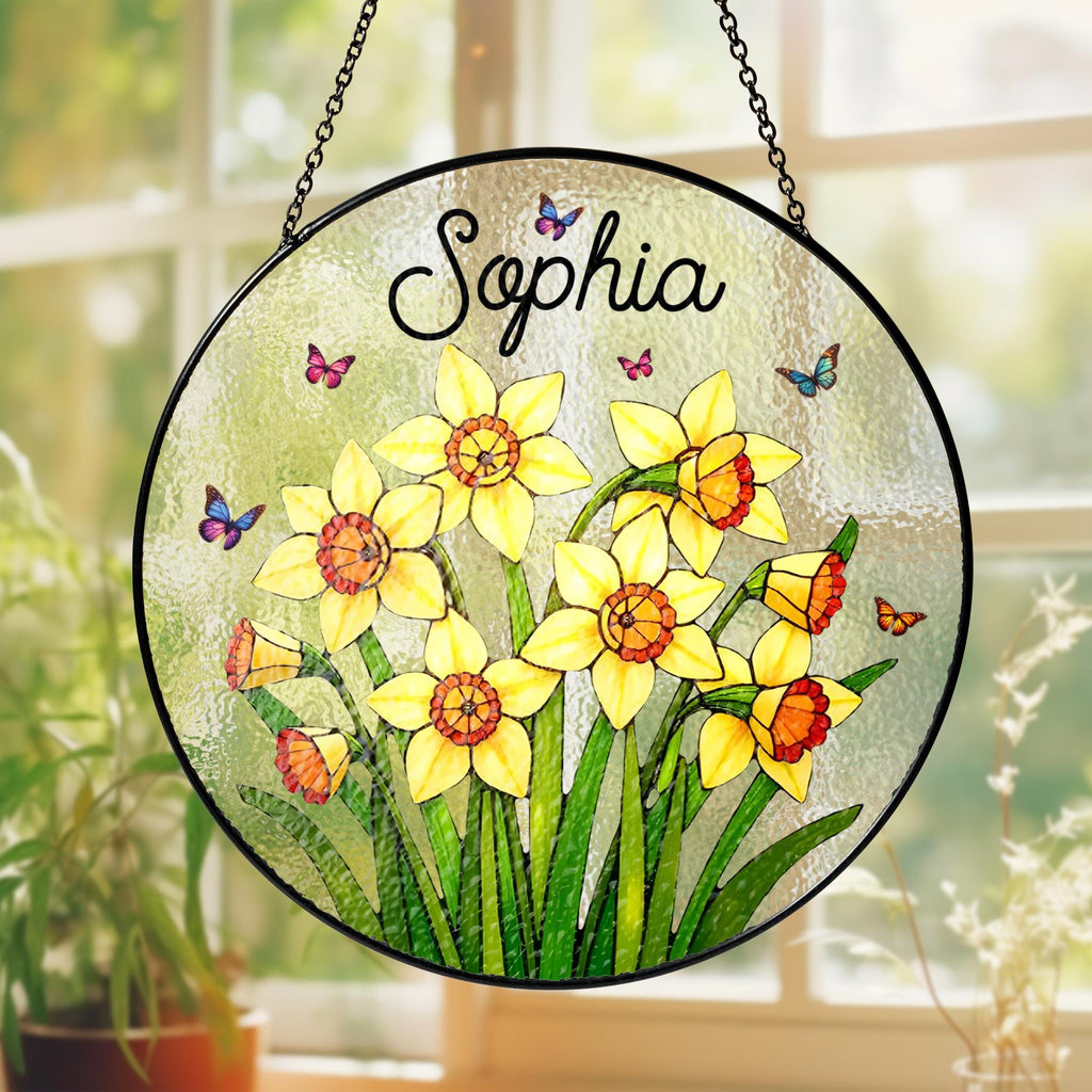 Custom Birth Flower Stained Glass Suncatcher, Birth Month Flower Stained Glass Suncatcher,birth Flower Memorial Gift,mother Day Gift for Mom