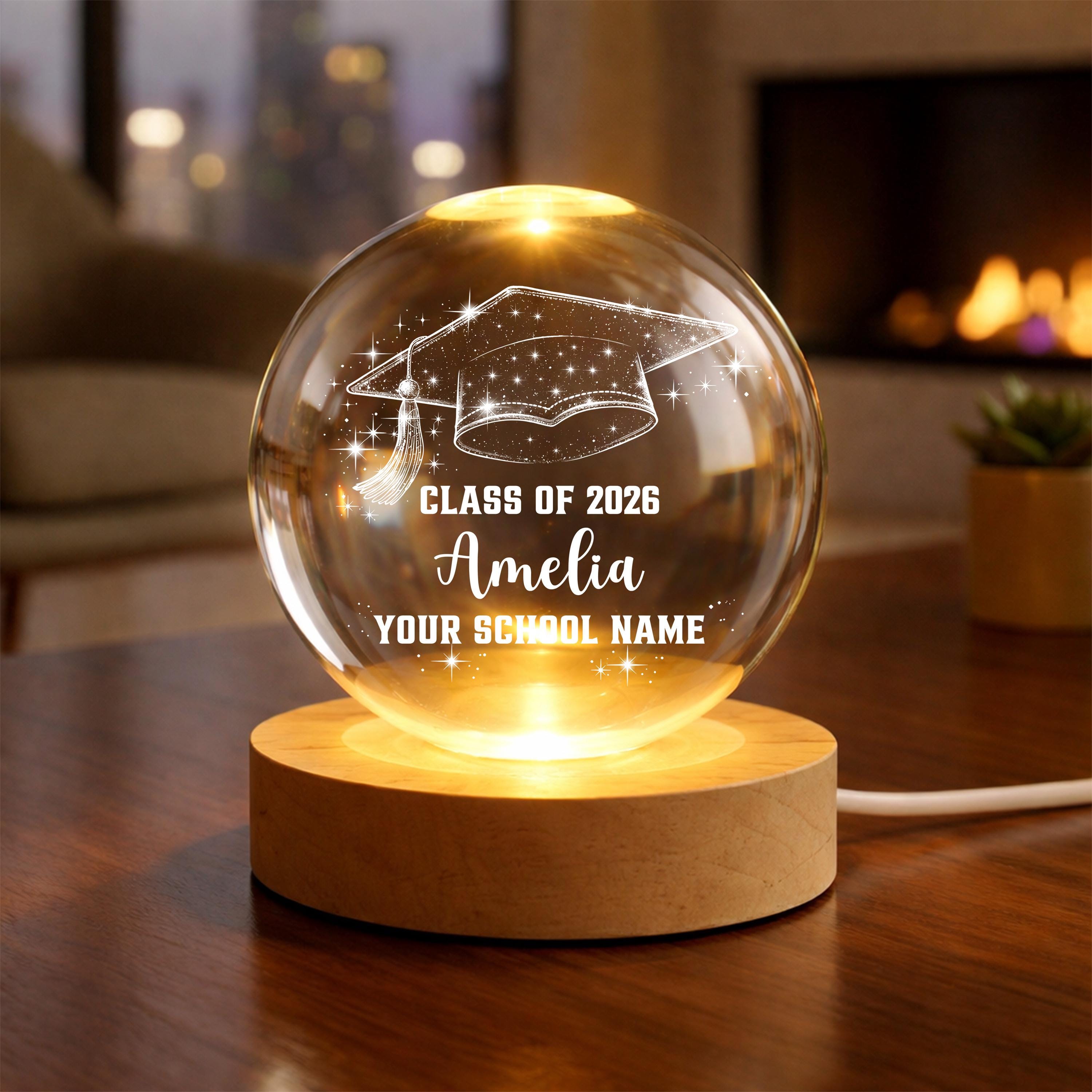 Personalized Graduation Crystal Ball LED Night Light, Class of Senior Cap Gift, Custom Graduation Keepsake, Unique Grad Gift Idea