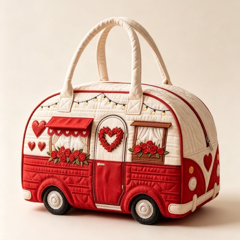 Valentine Van Large Capacity Duffle Bag, Red White RV Shaped Quilted Look Weekender Tote, Rose Print Travel Handbag for Women