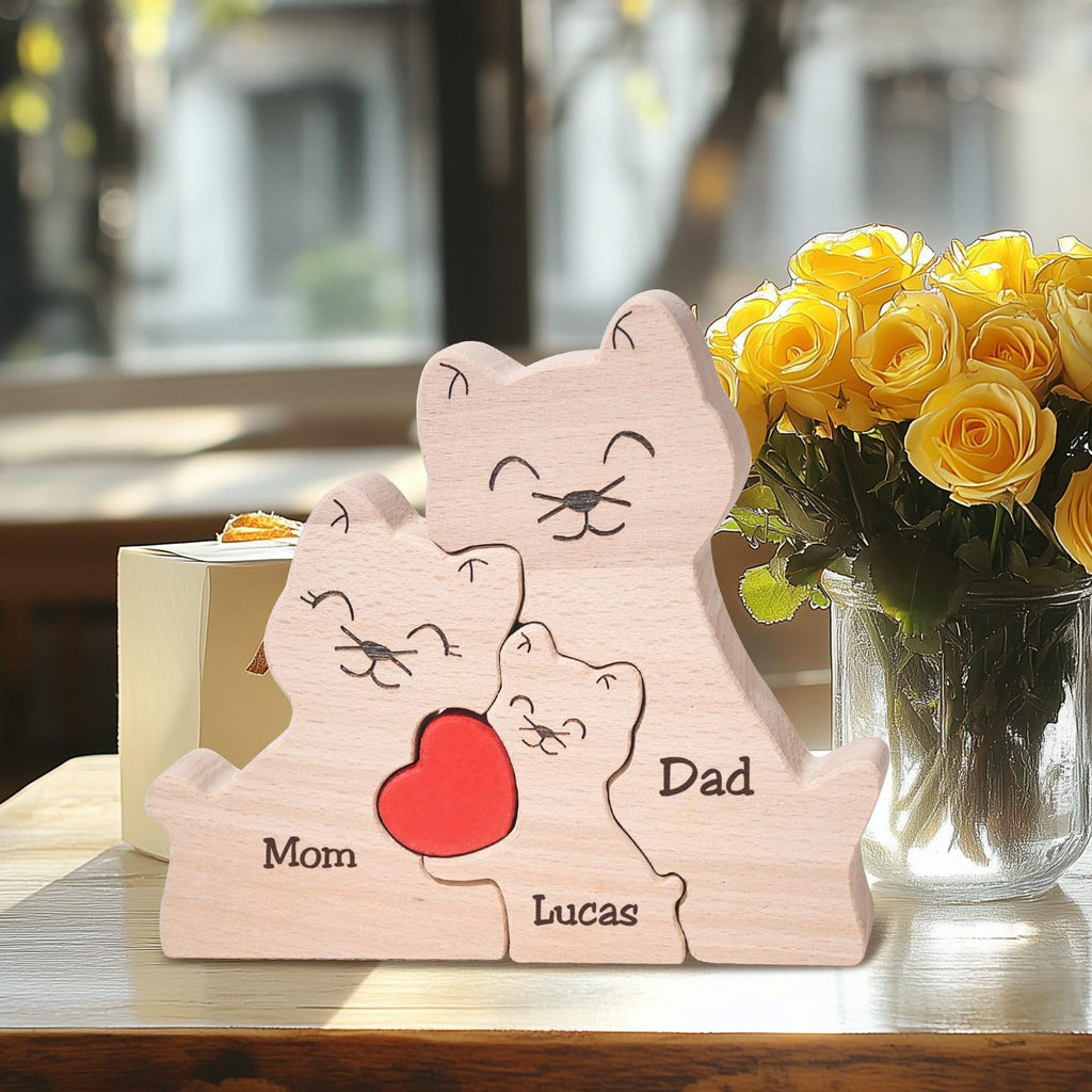 Custom Wooden Cat Family Puzzle, Happy Family of 3 Home Decor, Engraved Cat Family Keepsake, Cat Lover Gifts, Cat Mum Gifts, Christmas Gifts