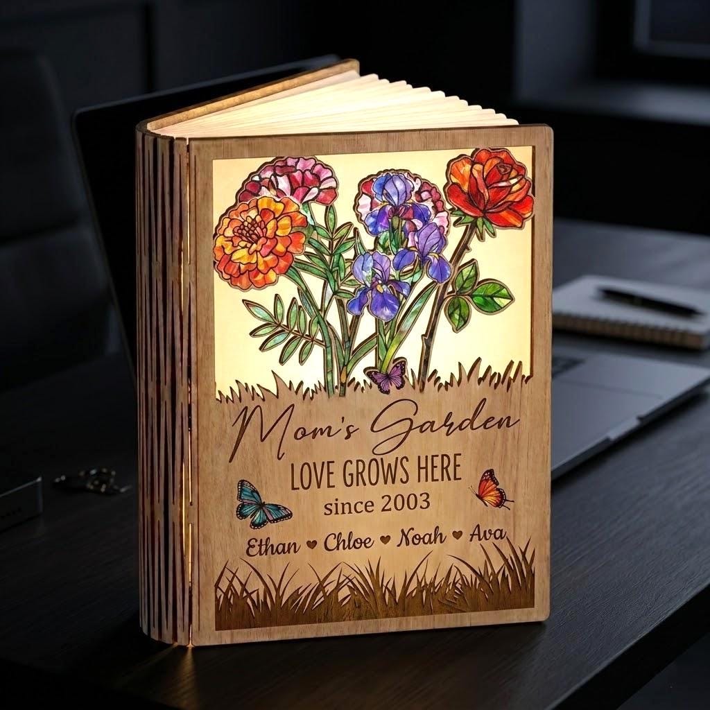 Personalized Mom's Garden Book Lamp, Custom Kid Names Birth Month Flower Reading Lamp, Love Grows Mom's Garden Book Lamp