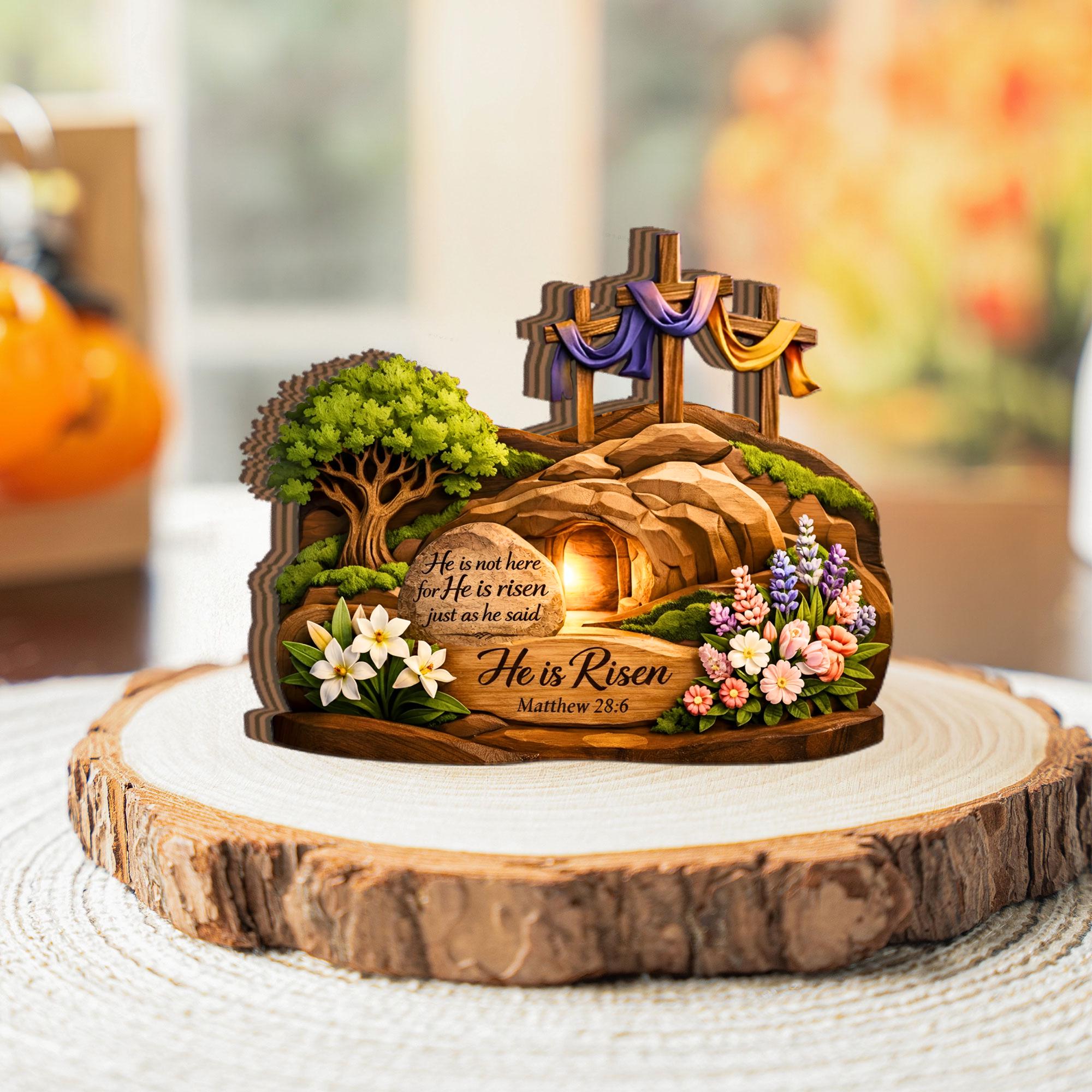 He is Risen Easter Wooden Block Decor, Empty Tomb Religious Tabletop Sign, Christian Resurrection Scene, Matthew 28_6 Scripture Wood Gift