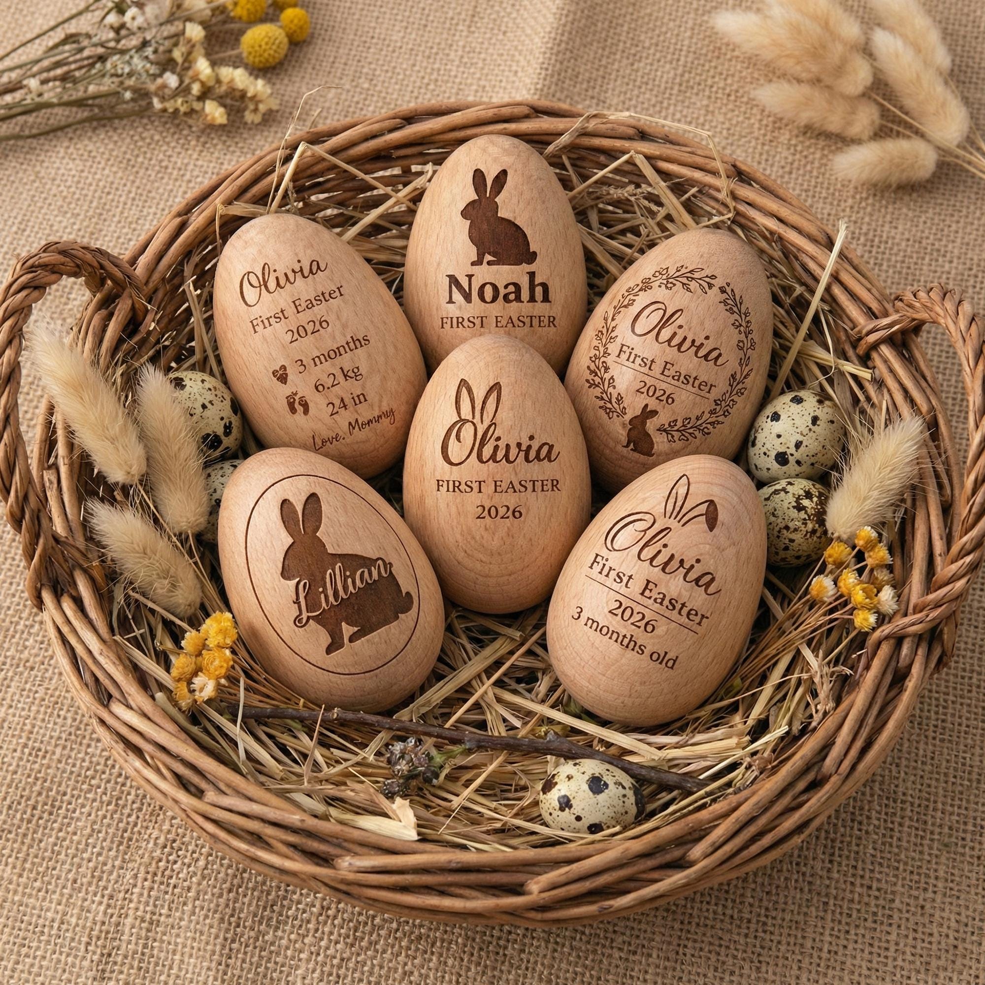 Personalized Wooden Easter Egg, Baby First Easter Keepsake, Custom Engraved Egg Shaker, Easter Basket Gift for Kids