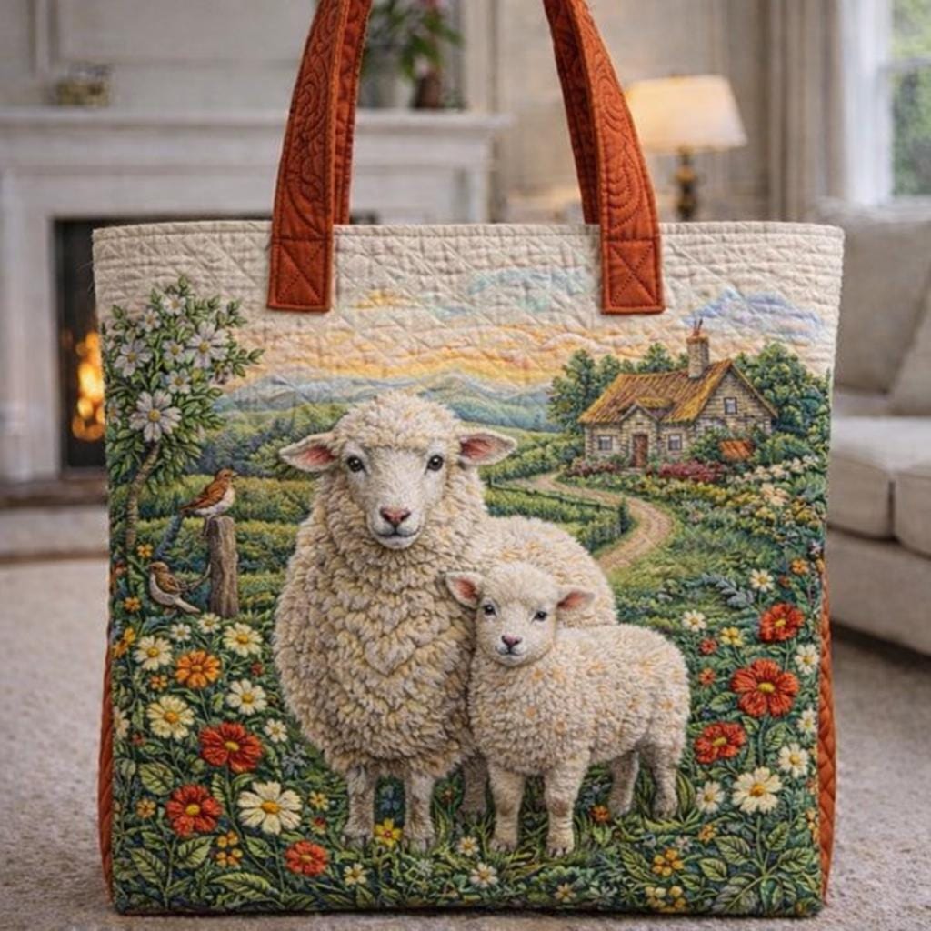Quilted Sheep Tote Bag Cottagecore Floral Handbag Rustic Farm Animal Bag Large Capacity Fabric Shoulder Bag Gift for Her. TBPETAL40