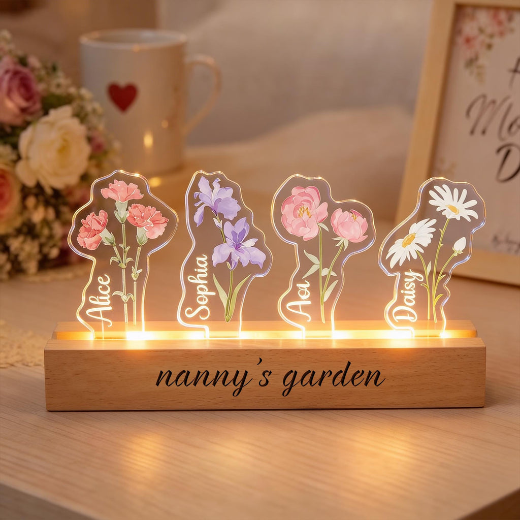 Personalized Nanny's Garden Birth Month Flower Night Light, Customized LED Lamp With Kids Names, Mother's Day Gift for Mom
