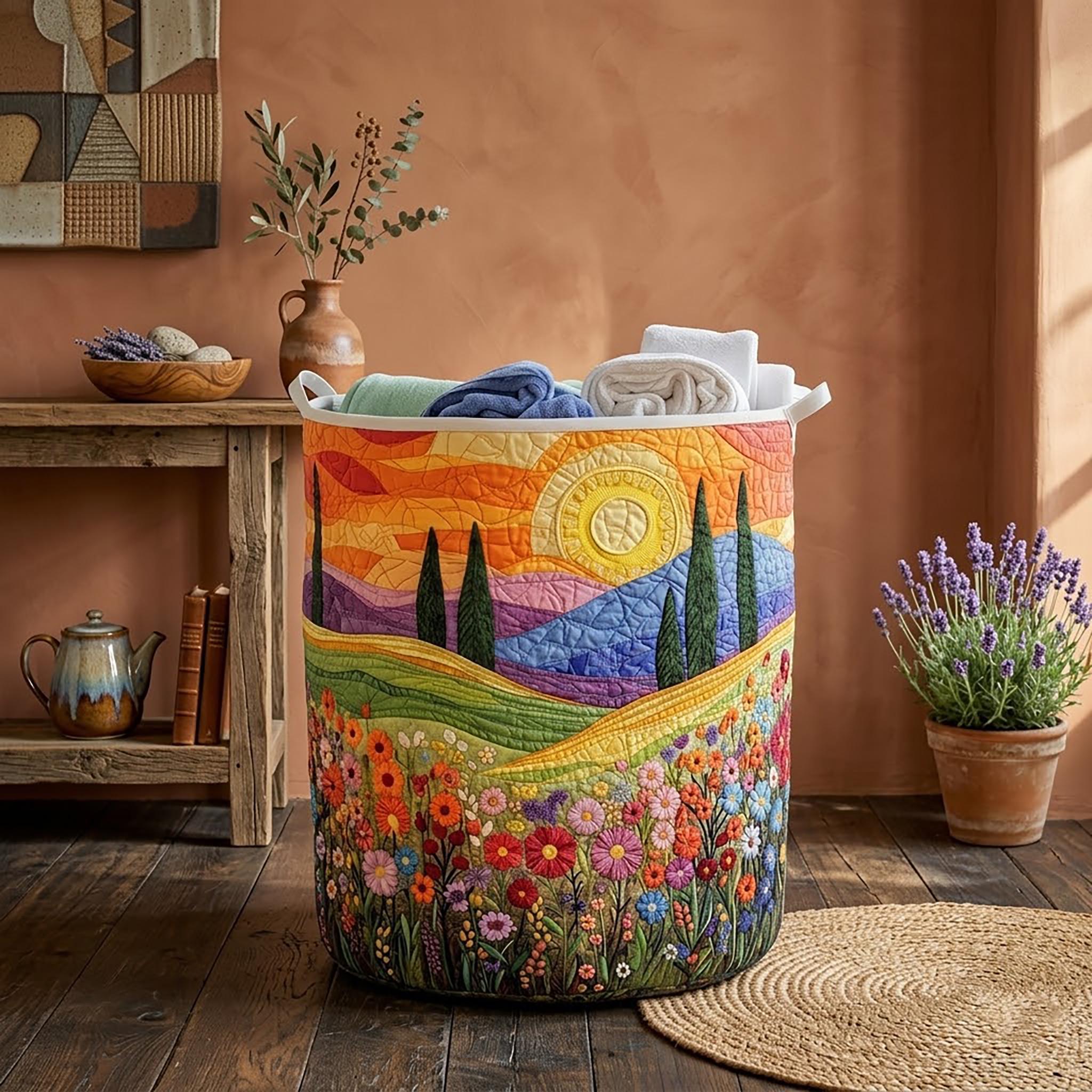 Daybreak Flower Field Quilted Laundry Basket_ Sunrise Meadow Hamper, Floral Hill Storage Bin
