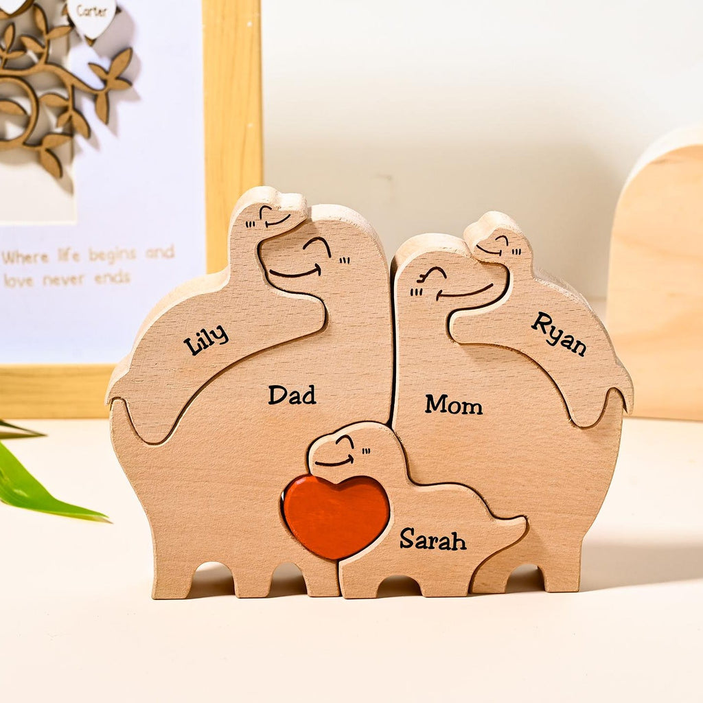 Wooden Dinosaur Family Puzzle, Personalized Christmas Gift for Family, Name Engraved Dino Keepsake, Holiday Home Decor, Mom Gift From Kids