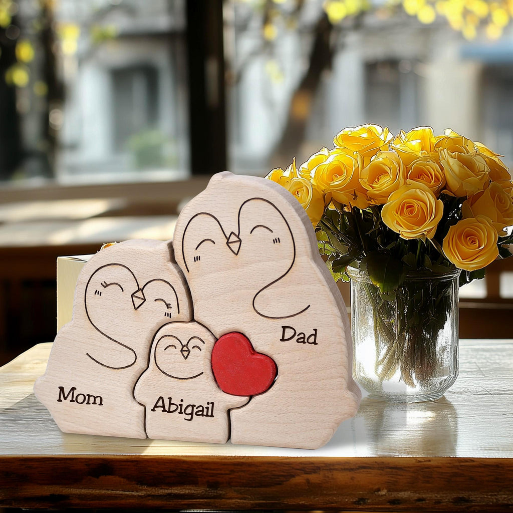 Personalized Wooden Penguin Family Puzzle, Penguin Family Jigsaw Decor, Ideal Wedding House Warming Gift, Anniversary Gift for Wife Mom