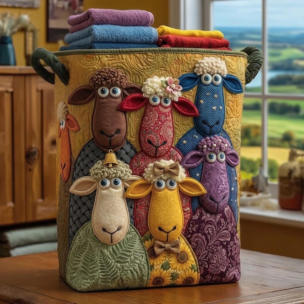 Whimsical Sheep Quilted Laundry Basket, Colorful Applique Storage Bin, Farmhouse Nursery Decor
