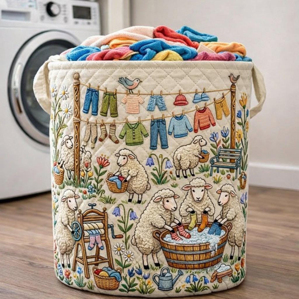 Quilted Laundry Basket Sheep Laundry Hamper, Cute Farmhouse Storage Bin, Laundry Room Decor, Gift for Her, Sheep Clothes Basket