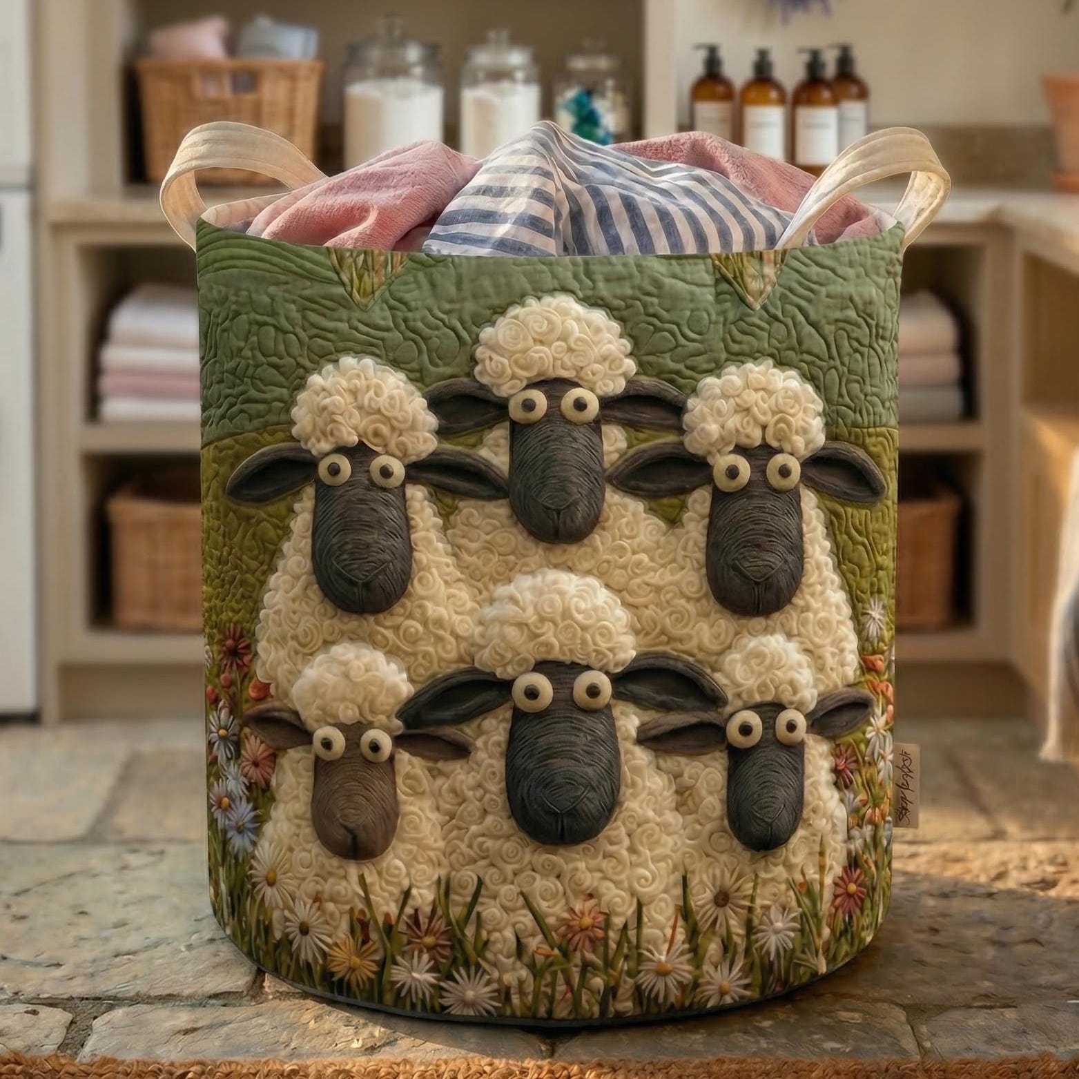Cute Sheep Quilted Laundry Basket, Farm Animal Hamper, Nursery Storage Bin, Kids Room Organizer, Baby Shower Gift, Foldable Fabric Basket