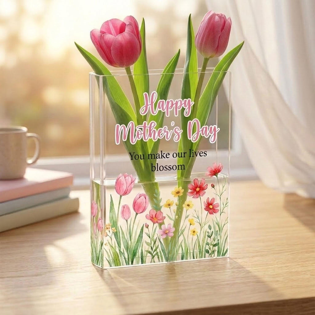 Happy Mother's Day Acrylic Book Vase, You Make Our Lives Blossom Flower Vase, Pink Tulip Mother's Day Gift, Floral Mom's Day Decor