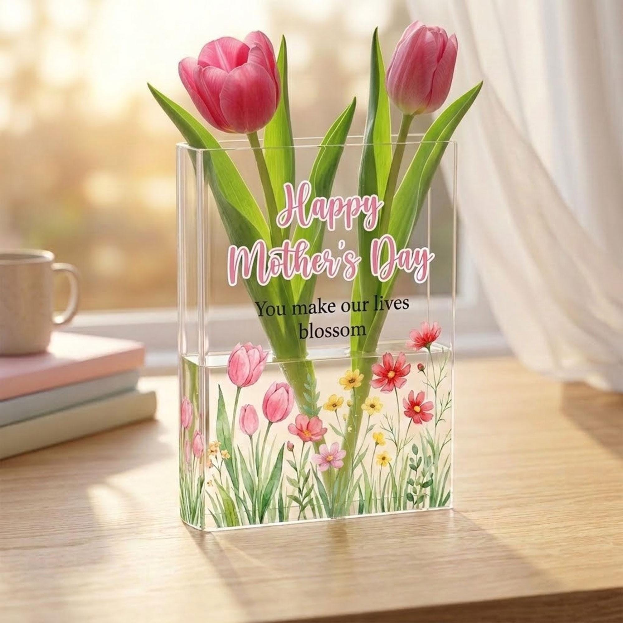Happy Mother's Day Acrylic Book Vase, You Make Our Lives Blossom Flower Vase, Pink Tulip Mother's Day Gift, Floral Mom's Day Decor
