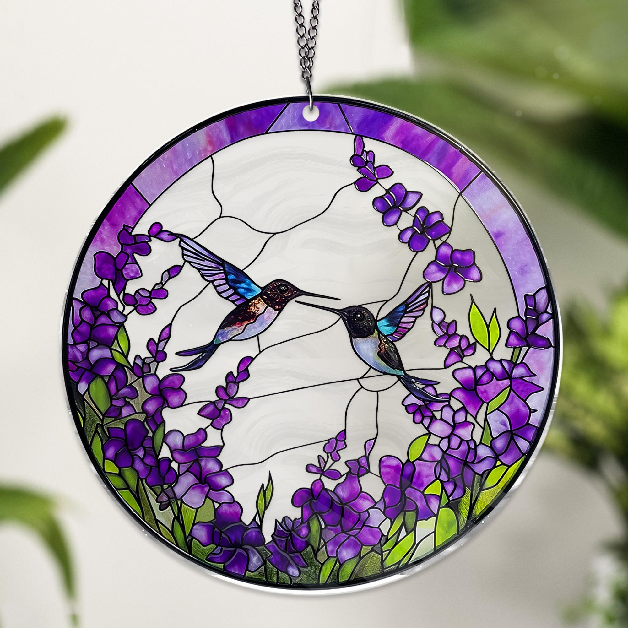 Hummingbirds Among Lavender Flowers ACRYLIC Window Hanging Hummingbird Stained Glass EFFECT Wall Art Gifts for Women Acrylic