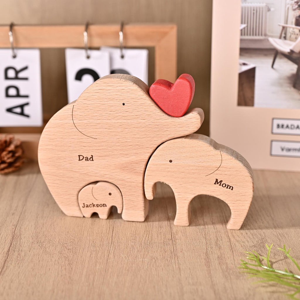 Wooden Elephant Family Puzzle With Names, Custom Anniversary Gift for Parents, Birthday Gift for Wife, Christmas Elephant Decor for Home