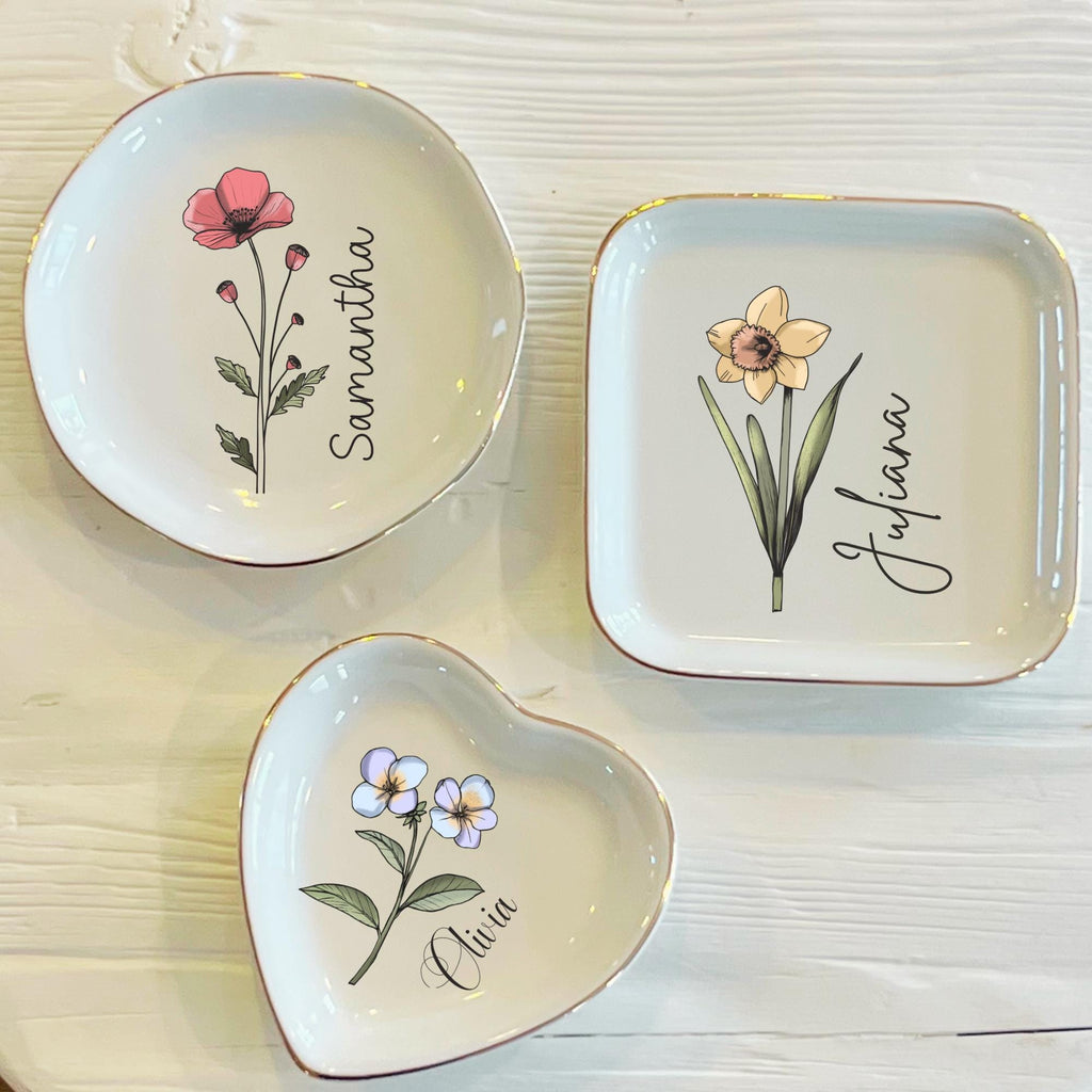 Personalized Boho Birth Flower Ring Trinket Dish _ Birth Month Flower Ring Dish _ Birthday Jewelry Dish _ Wedding Bridesmaid Gift _ Mom Gift