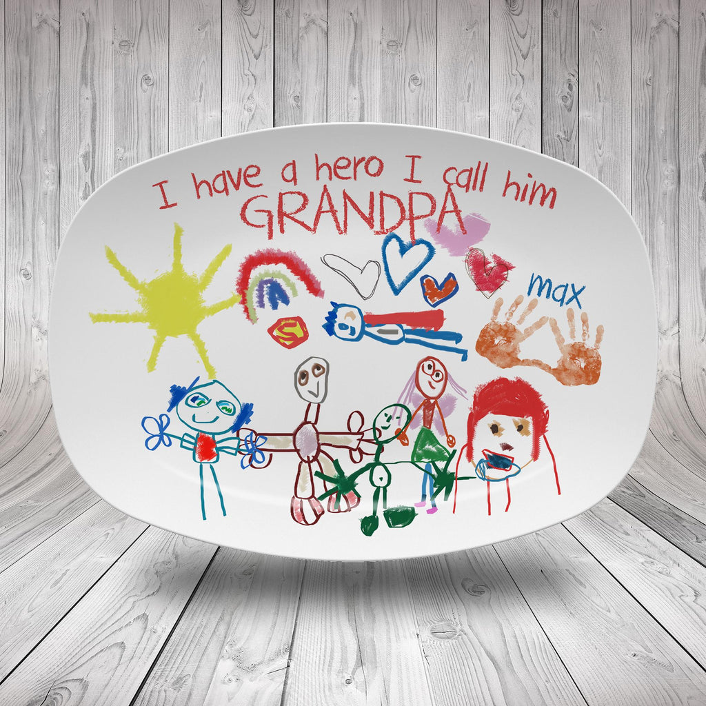 Kid's Art & Handprint Custom Platter, Father's Day Gift, Personalized BBQ Grilling Plate, Custom Serving Platter for Dad, Gift for Him