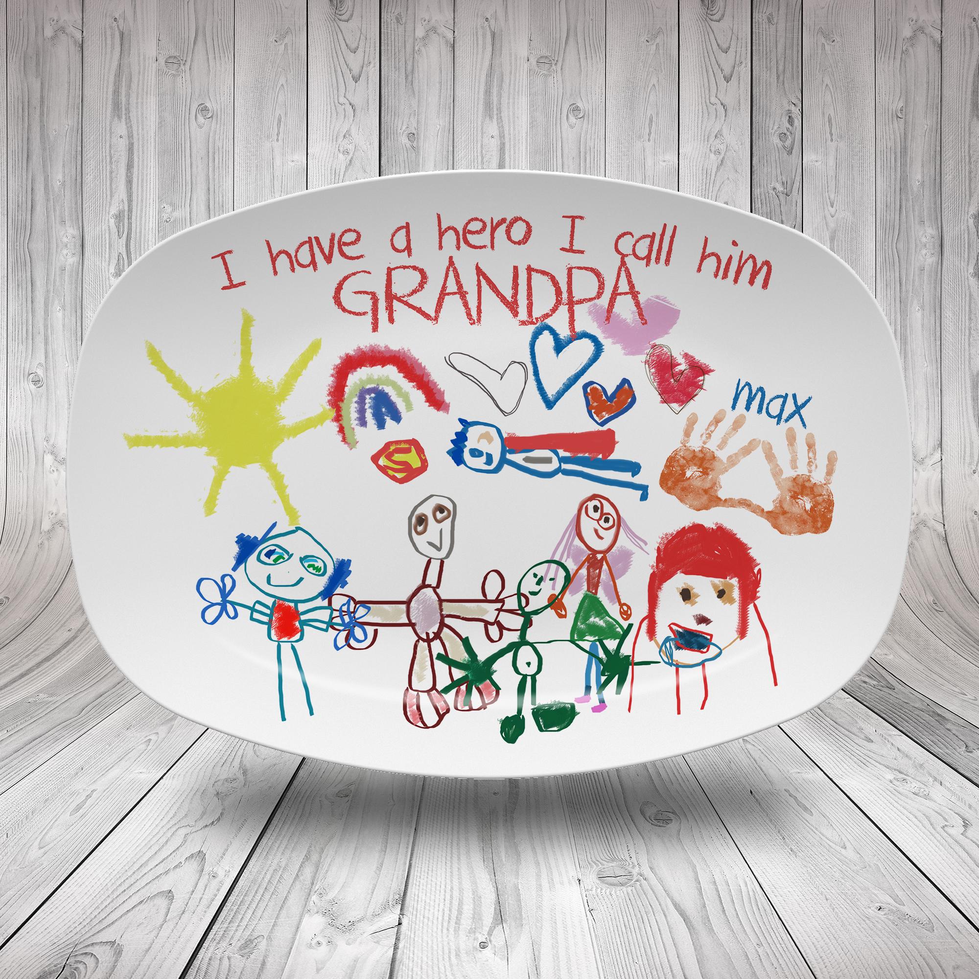 Kid's Art & Handprint Custom Platter, Father's Day Gift, Personalized BBQ Grilling Plate, Custom Serving Platter for Dad, Gift for Him