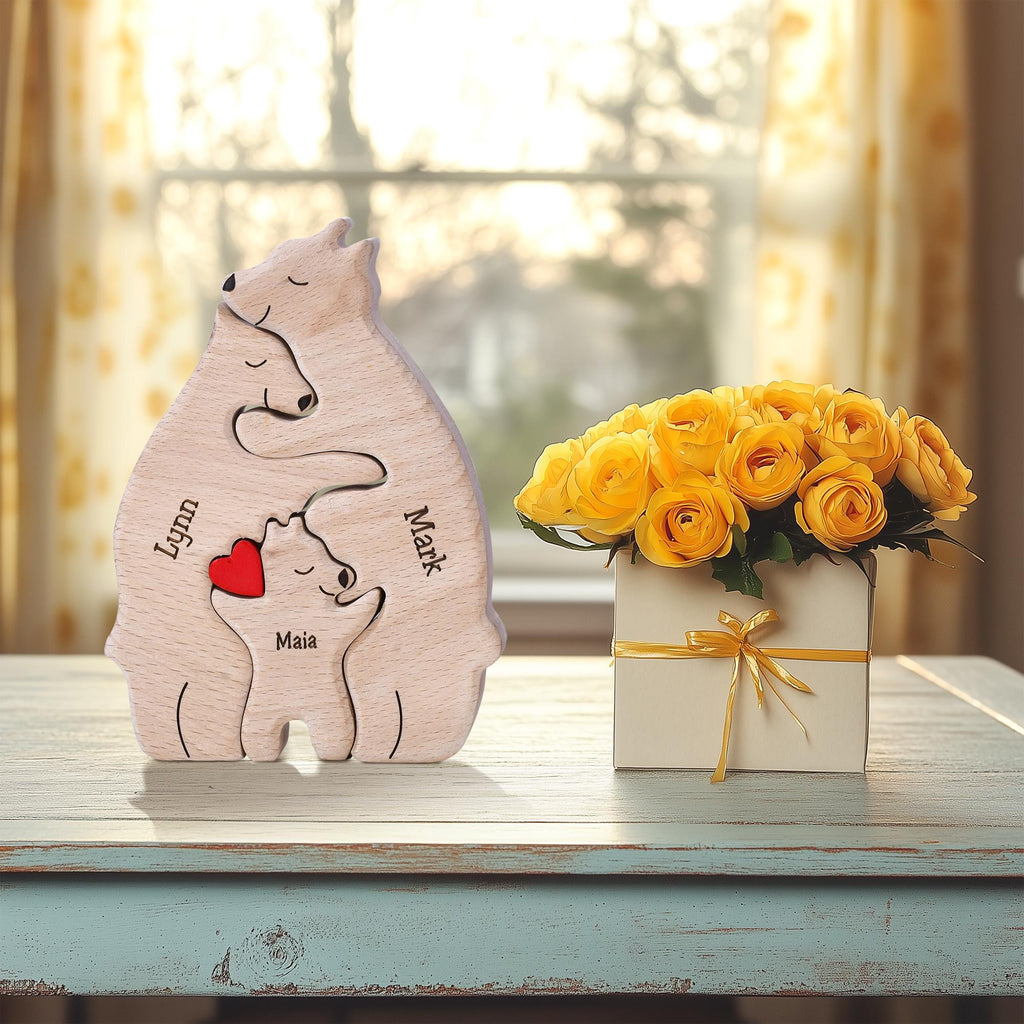 Wooden Bear Family Jigsaw Puzzle, Custom Bear Figurines, Engraved Family Name Keepsake, Parents Anniversary Gift, Christmas Bear Ornament