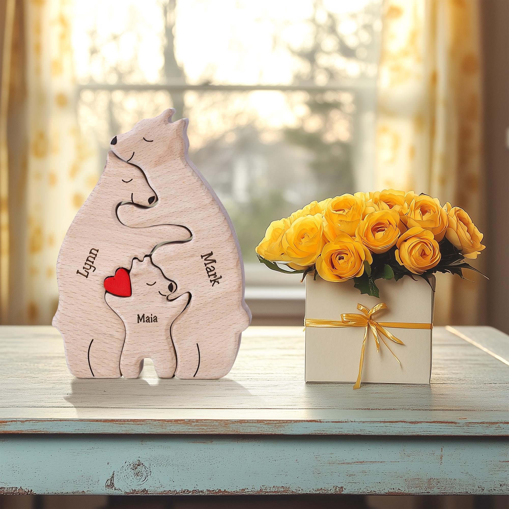 Wooden Bear Family Jigsaw Puzzle, Custom Bear Figurines, Engraved Family Name Keepsake, Parents Anniversary Gift, Christmas Bear Ornament