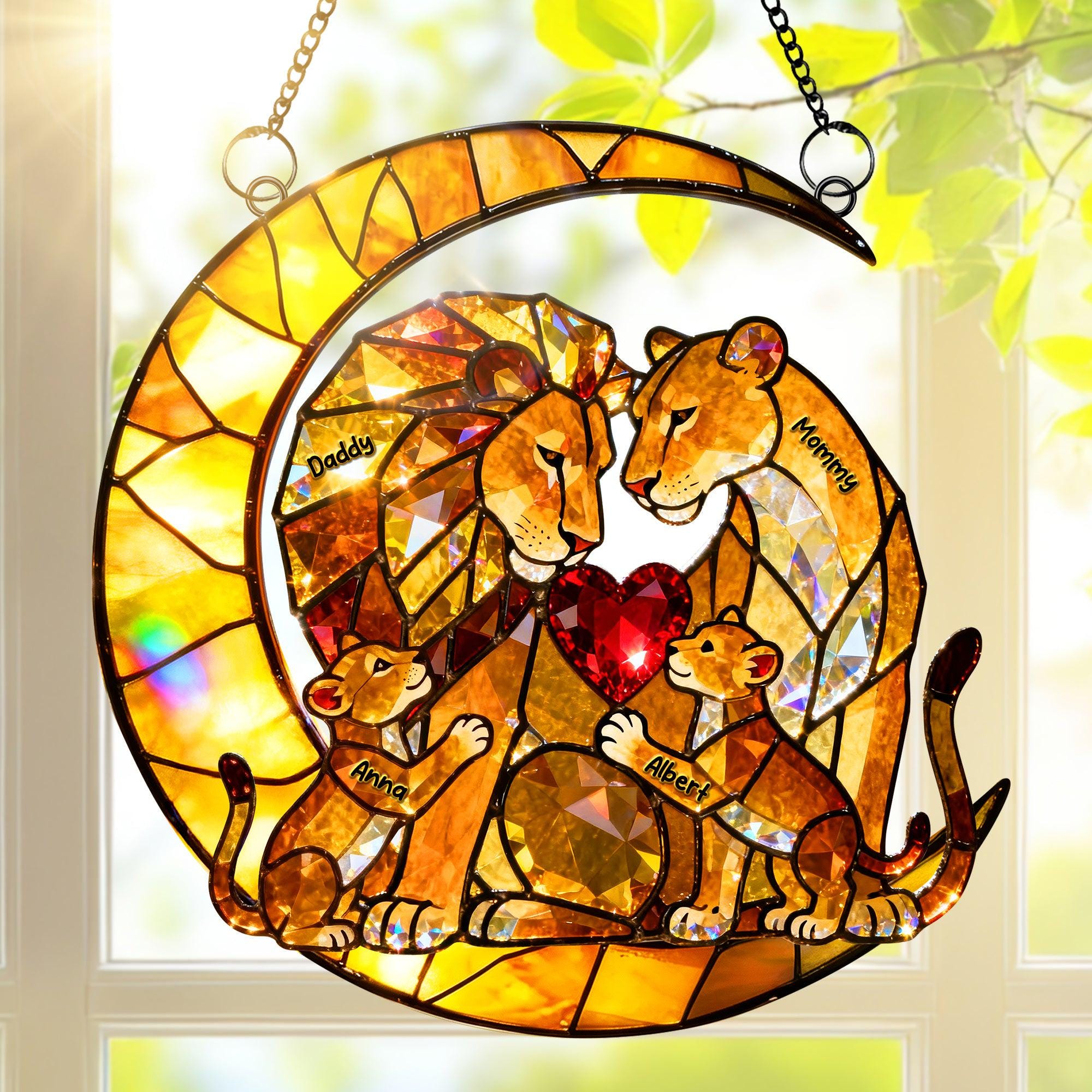 Personalized Lion Family Acrylic Suncatcher, Custom Name Mommy and Kids Hanging Suncatcher, Mother Day Window Decor, Gift for Mom