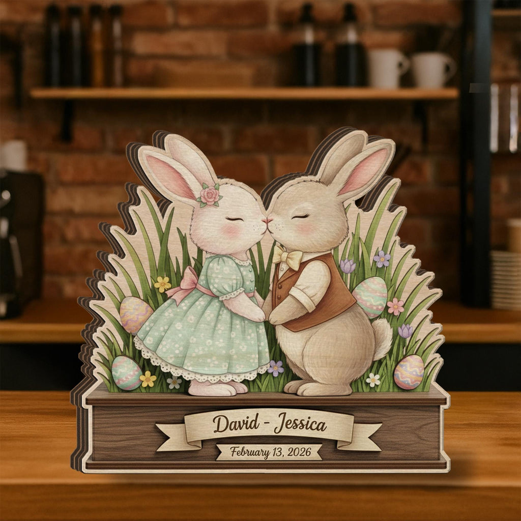 Personalized Wooden Block Easter Bunny Couple Decor, Layered Spring Rabbit Shelf Sign
