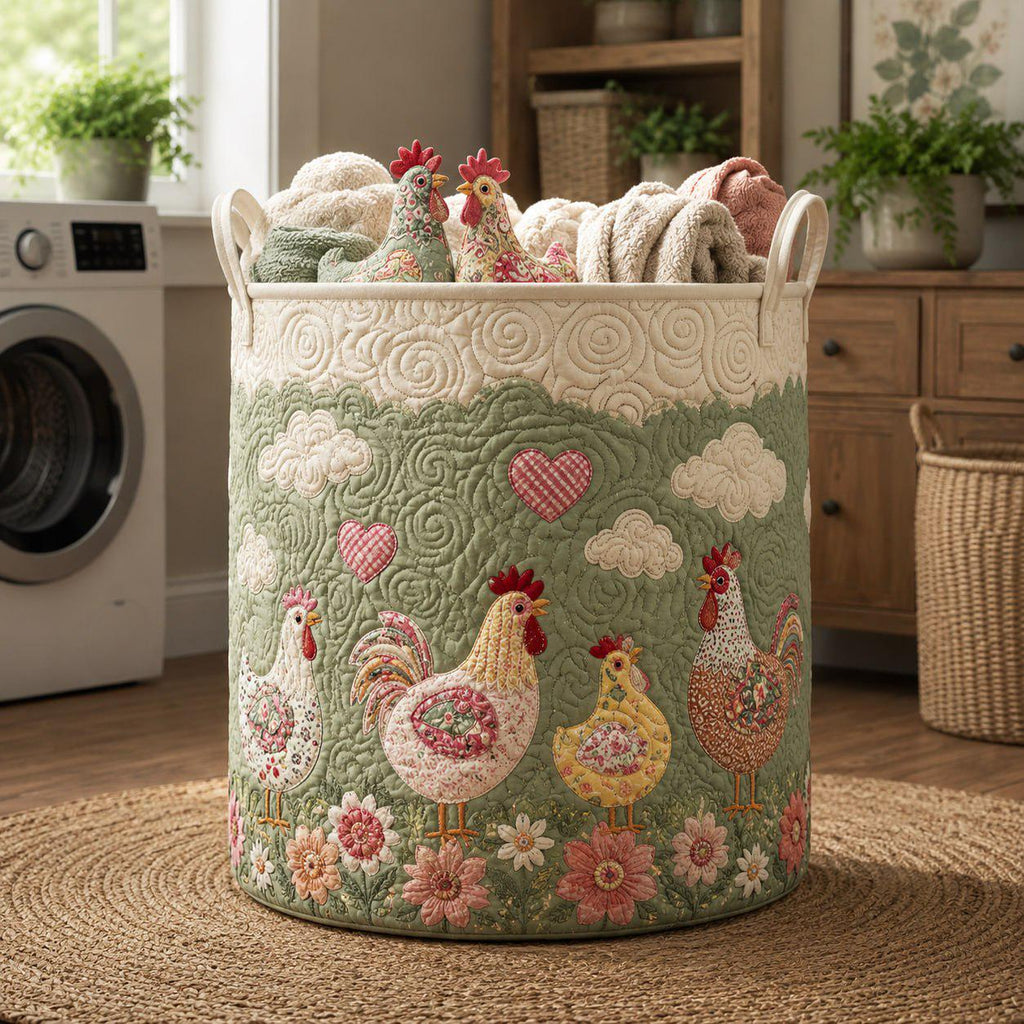 Farmhouse Chicken Quilted Laundry Basket, Rustic Rooster Hamper, Cottagecore Storage Bin, Country Home Organizer