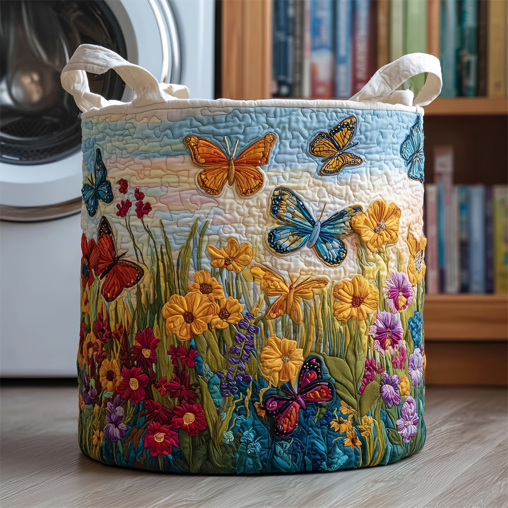 Modern Round Quilted Storage Basket with Sturdy Handles, Large Fabric Organizer Bin for Laundry, Blankets, Toys, Nursery & Bedroom