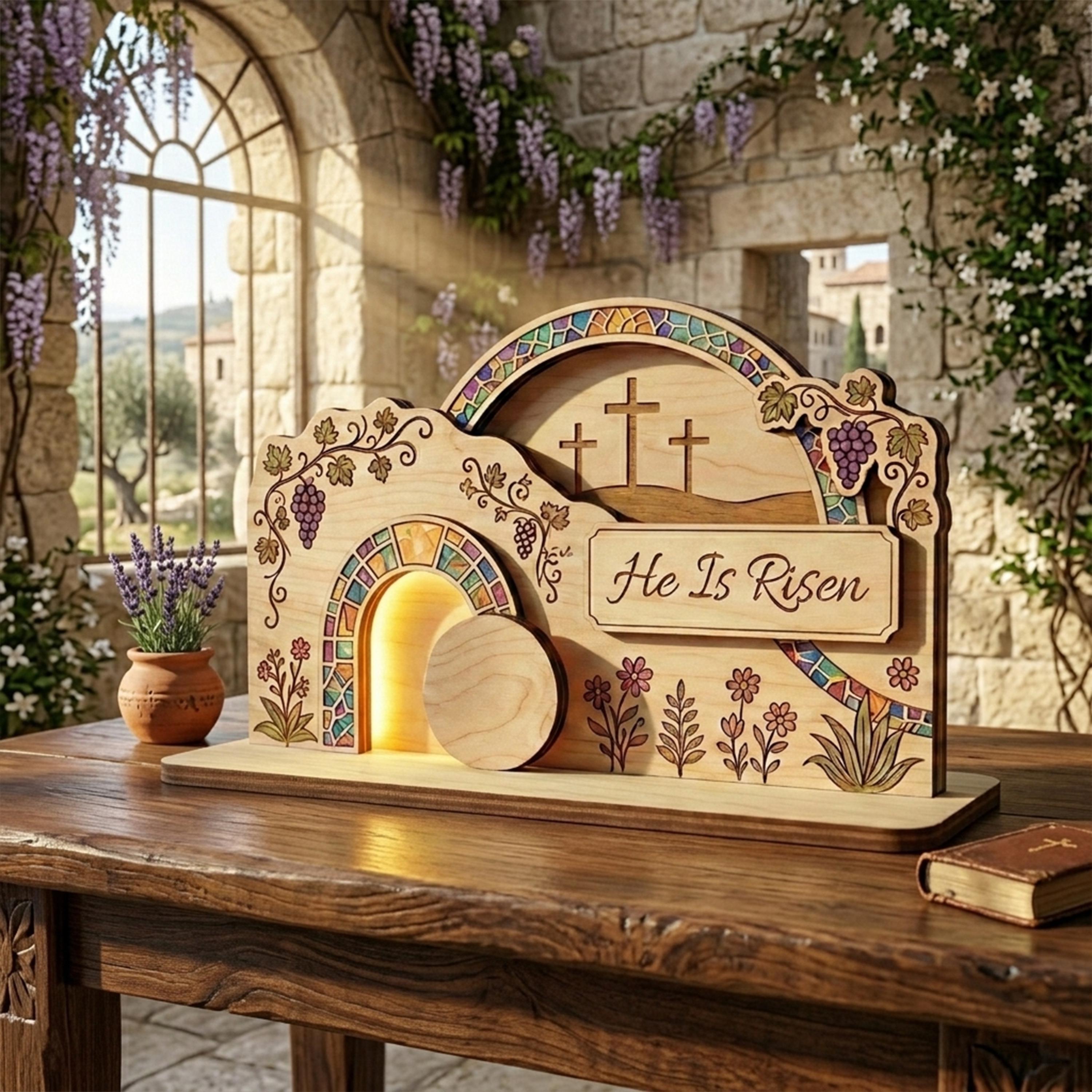 He is Risen Wooden Block Decor – Empty Tomb Resurrection Scene, Christian Easter Sign, Christian Home Display, Religious Bible Verse Gift