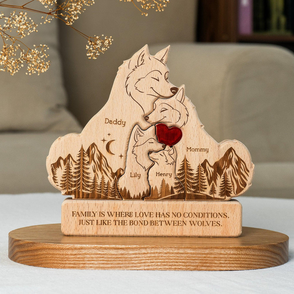 Personalized Wooden Wolf Family Puzzle_ Custom Engraved Beechwood Gift, Personalized Wooden Family Puzzle Decor, Custom Engraved Wood Keepsake