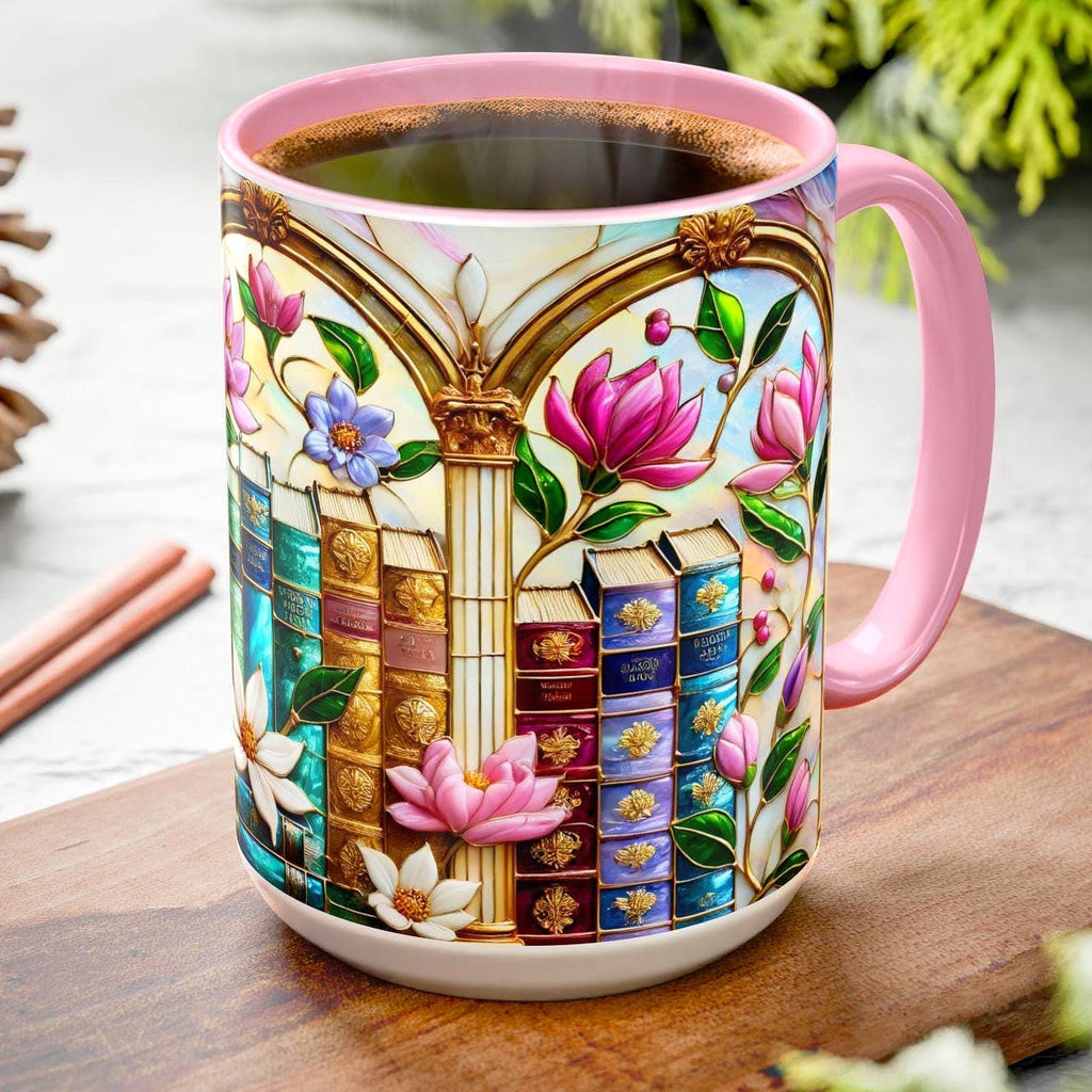 Floral Bookshelf Coffee Mug, Bookish Faux Stained-glass Mug, Book Lover Gift, Reading Mug for Women, Library Aesthetic Cup 15oz