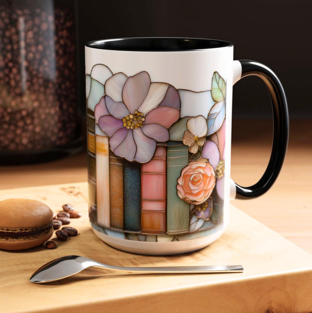 Floral Bookshelf Coffee Mug_ Stained Glass Style Book Lover Coffee Ceramic Cup Literary Gift
