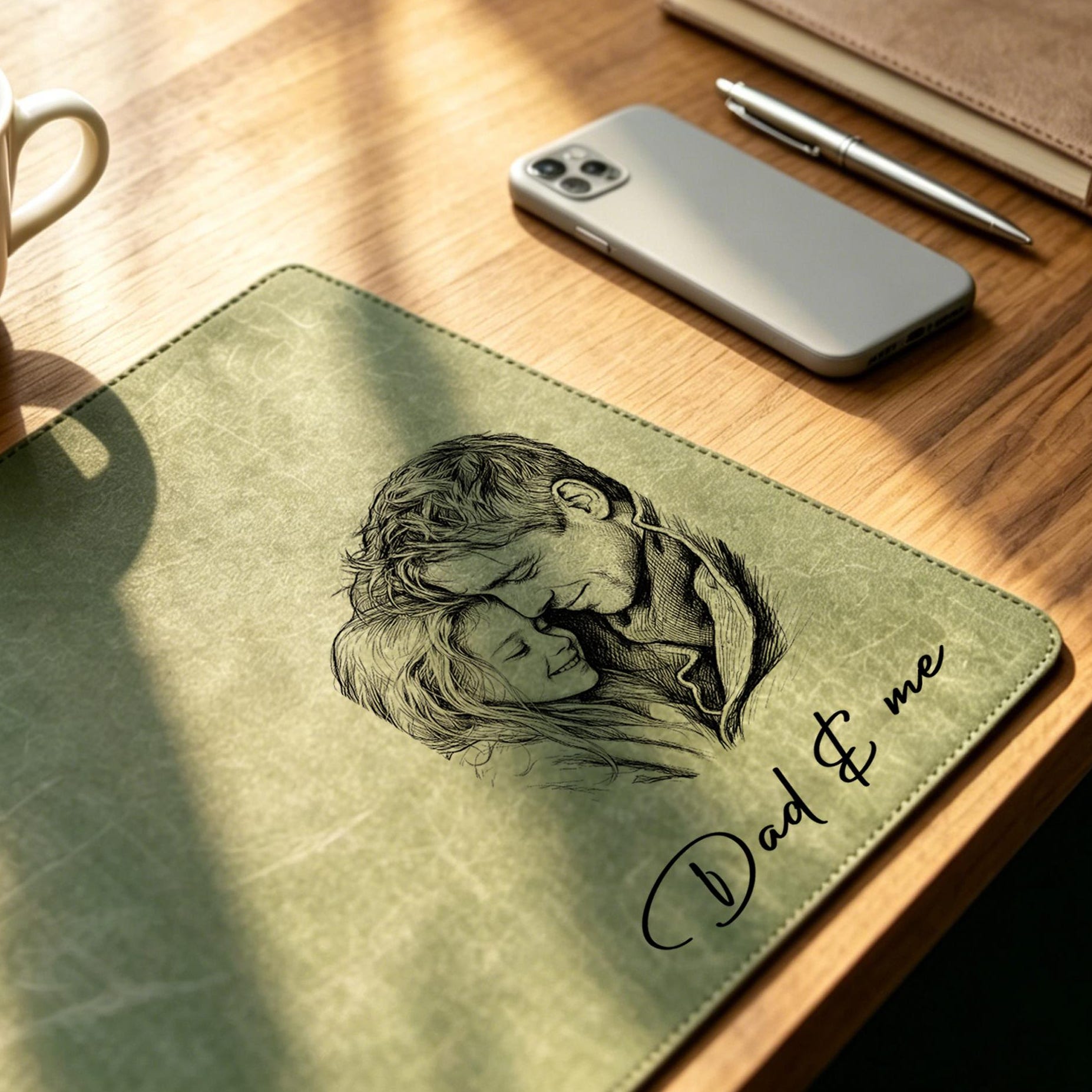 Personalized Dad We Love You Custom Photo Sketch Line Art Desk Mat, Father's Day Gift for Husband, Daddy & Kid Picture Desk Pad Mouse Mat