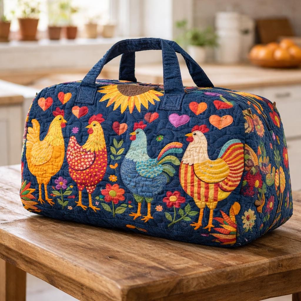 Cute Chicken Quilted Duffle Bag_ Camper Bus Travel Weekender Bag, Best Duffle Bags for Women, Cute Weekender Duffel Gift for Her