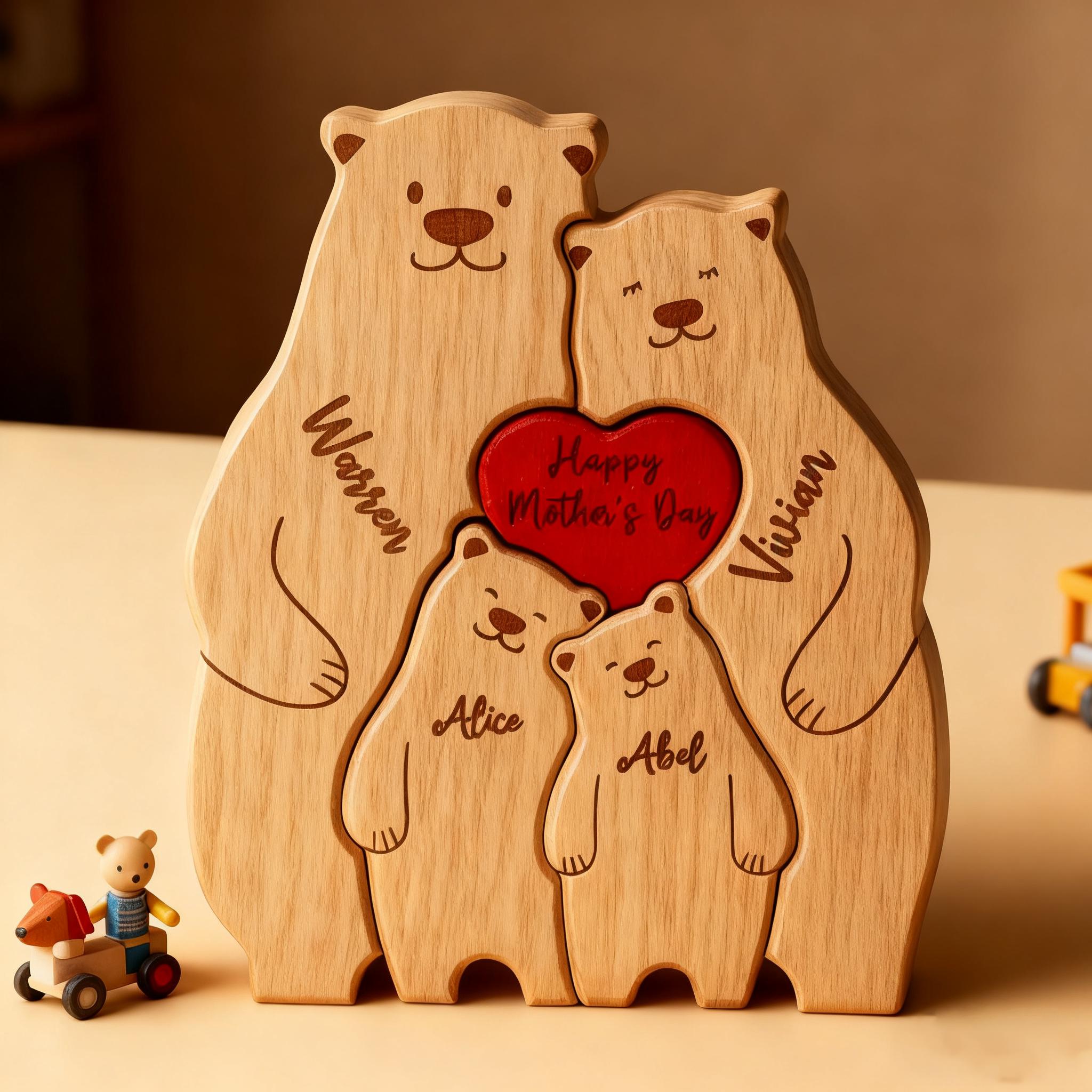 Personalized Wooden Bear Family Puzzle _ Engraved Name Gift,  Family Hug Puzzle, Home Decor, Family Gift, Gift for Dad, Gift for Mum
