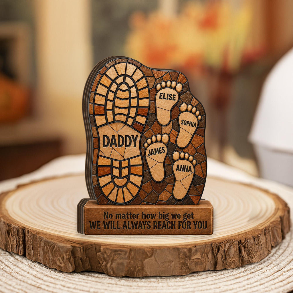 Personalized Dad Footprint Wooden Block Sculpture, Custom Wood Family Namedecor