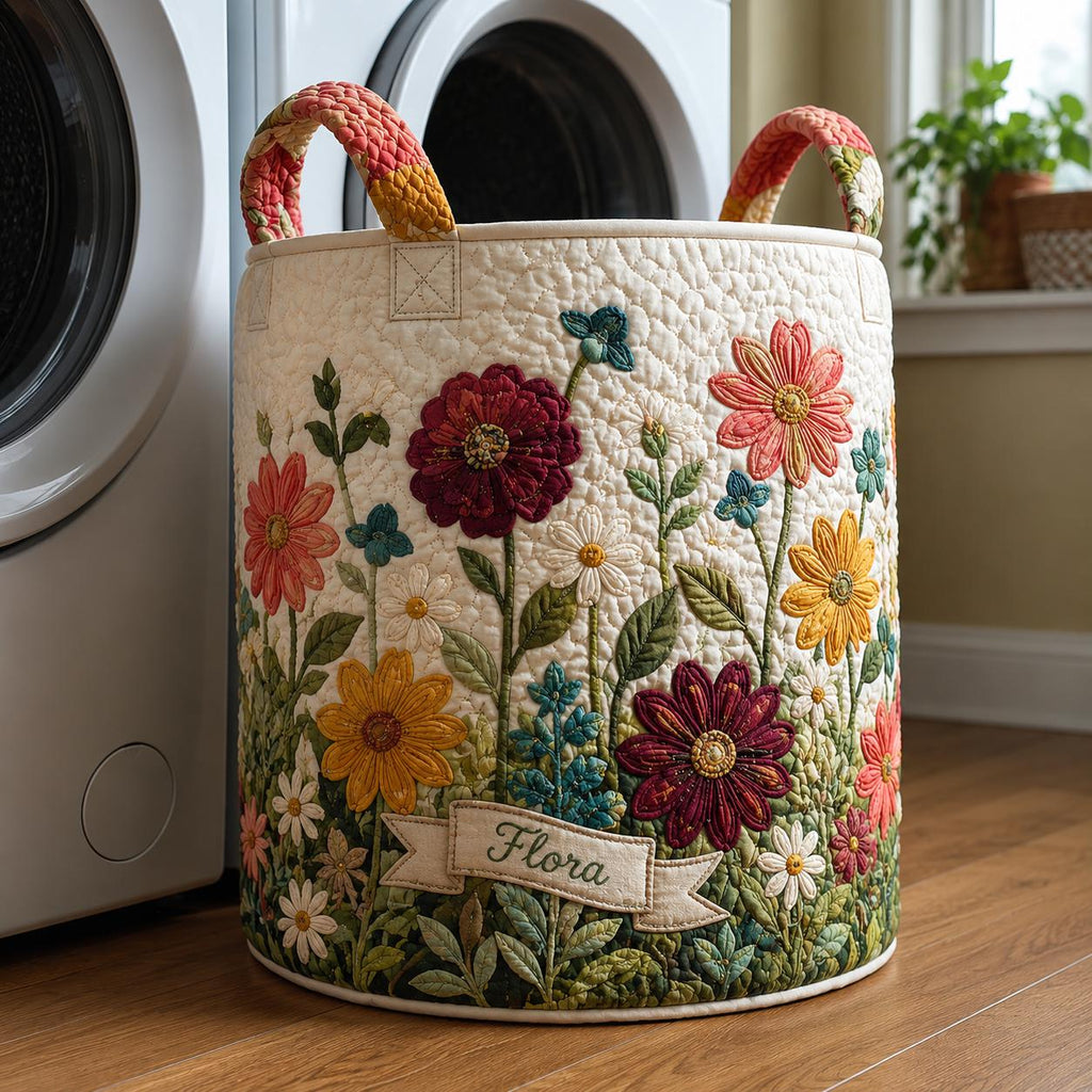 Personalized Quilted Wildflower Laundry Basket, Floral Storage Bin, Cottagecore Decor