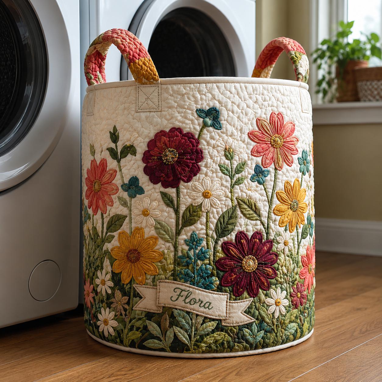 Personalized Quilted Wildflower Laundry Basket, Floral Storage Bin, Cottagecore Decor