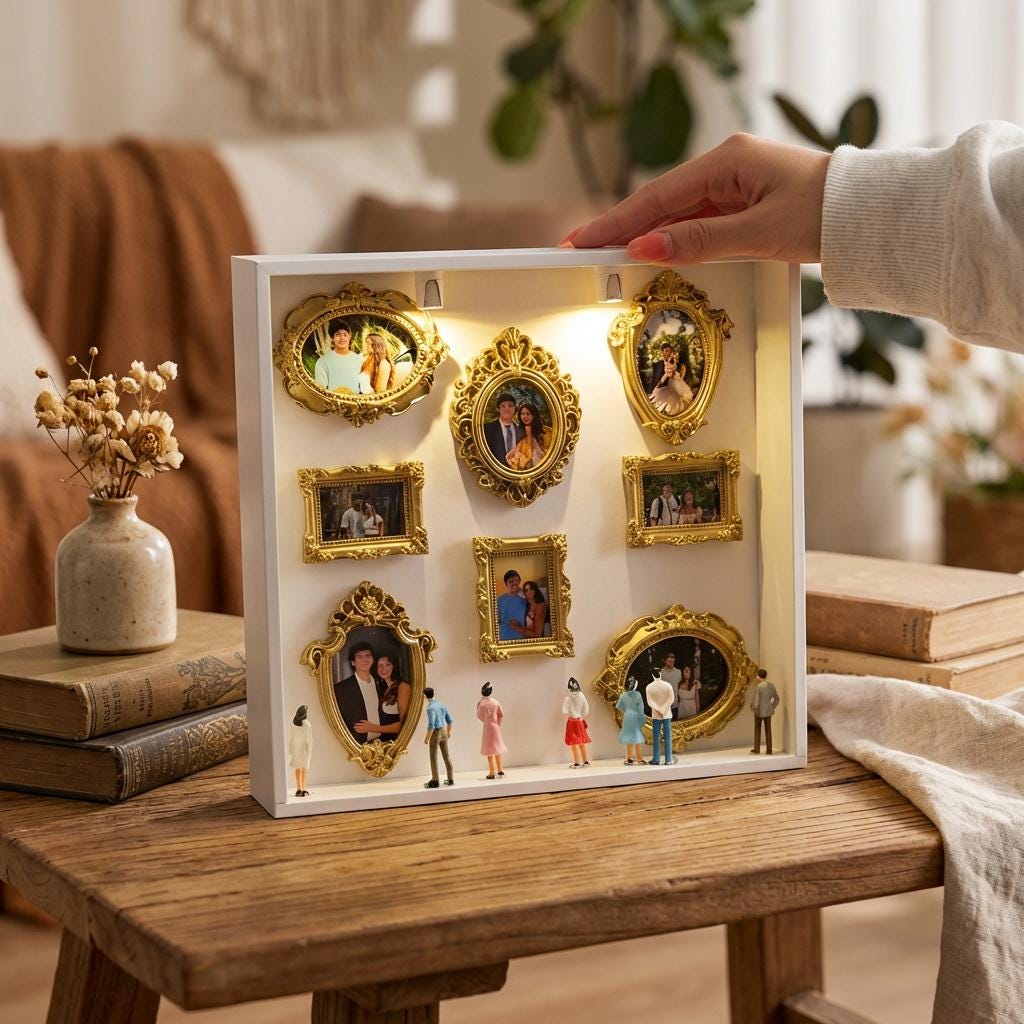 DIY Mini Museum Silhouette Box, LED Lighted Photo Shadow Box, Gold Vintage Frames with Mini Figurines, Personalized Memory Display Box,