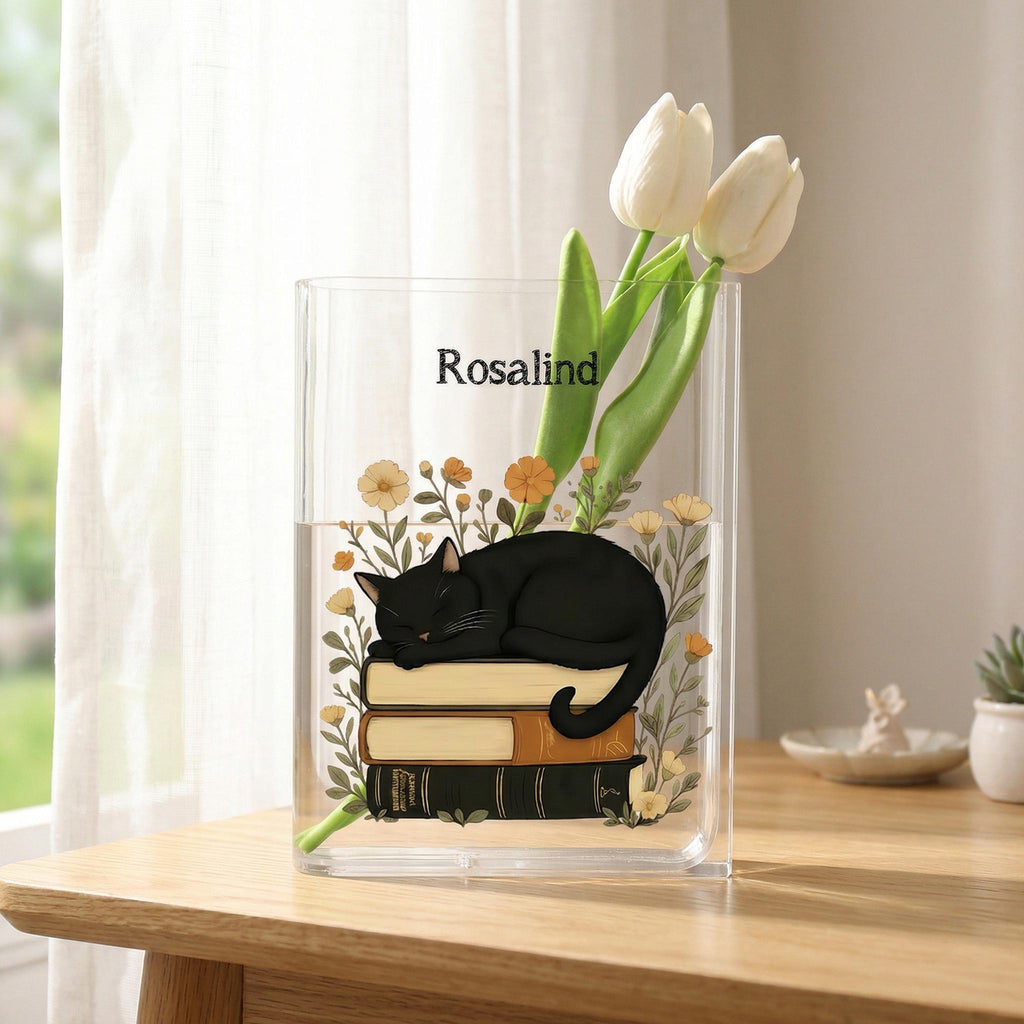 Cat on Books Acrylic Book Vase, Book Stack Bookish Vase, Floral Book Shaped Vase, Flowers and Books Decor, Custom Gift for Book Lovers