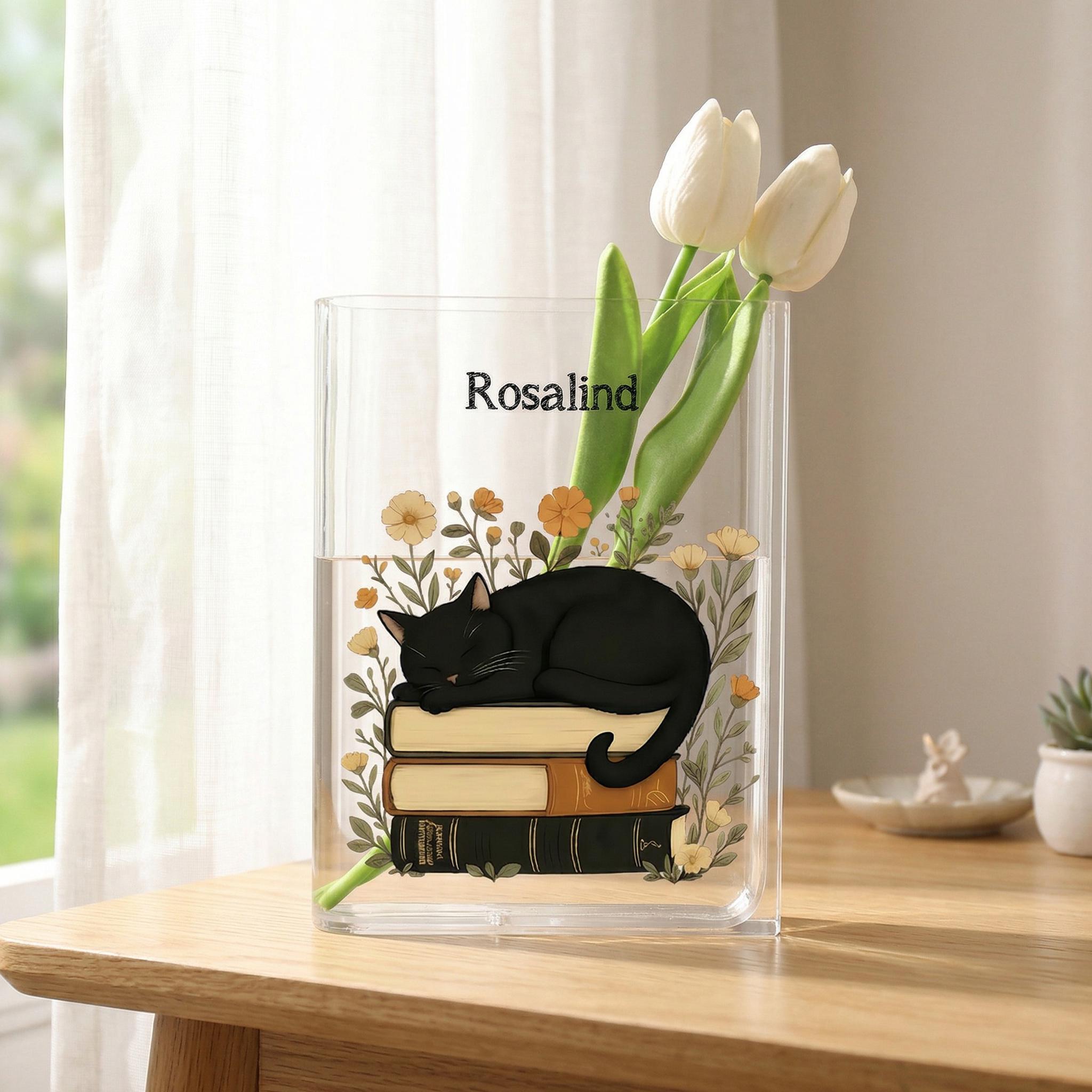 Cat on Books Acrylic Book Vase, Book Stack Bookish Vase, Floral Book Shaped Vase, Flowers and Books Decor, Custom Gift for Book Lovers